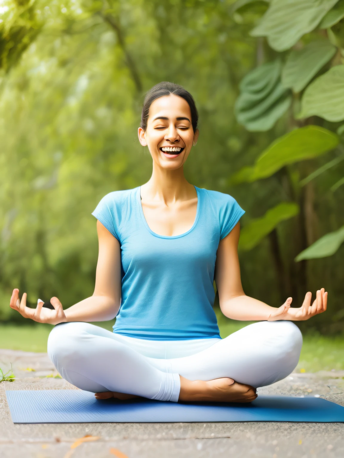 A woman in lotus pose floating above the ground, smiling slightly, happy, practising yoga