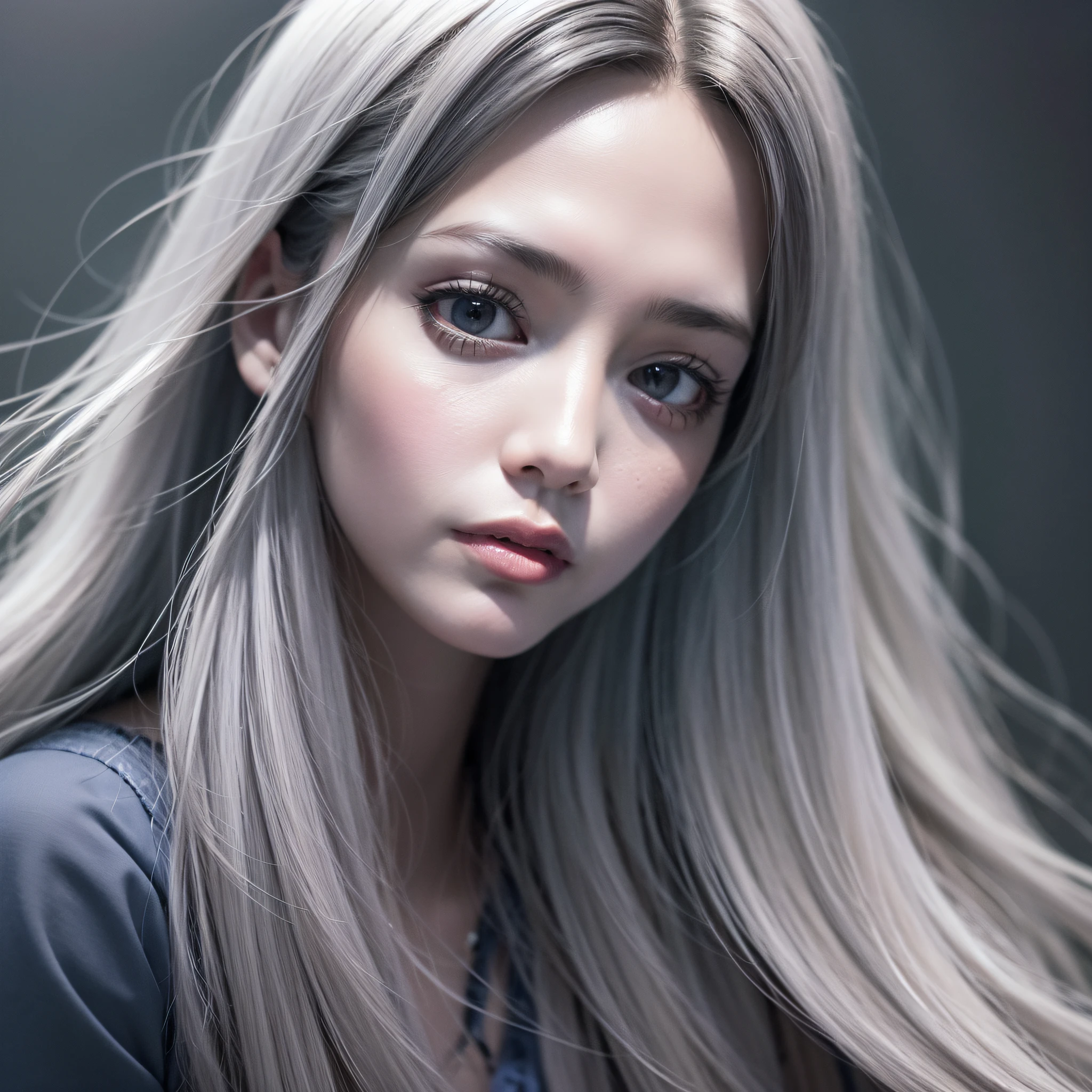 Beautiful Japan woman, long hair, frontal, close-up shot, light navy dress, smile, charming, aurora core, game night, fural top quality, masterpiece, super détary, dynamic angle, sharp photo masterpiece, ultra high resolution, (photorealism: 1.4), high contrast, black color, glamial, UV lighting, ultra-realistic, dramatic shadows, film noir style, Ultra Realistic, Fral Top Quality LT, Masterpiece, Super Datly, Dynamic Angle, Clear Photos, 4K, 55mm Lens