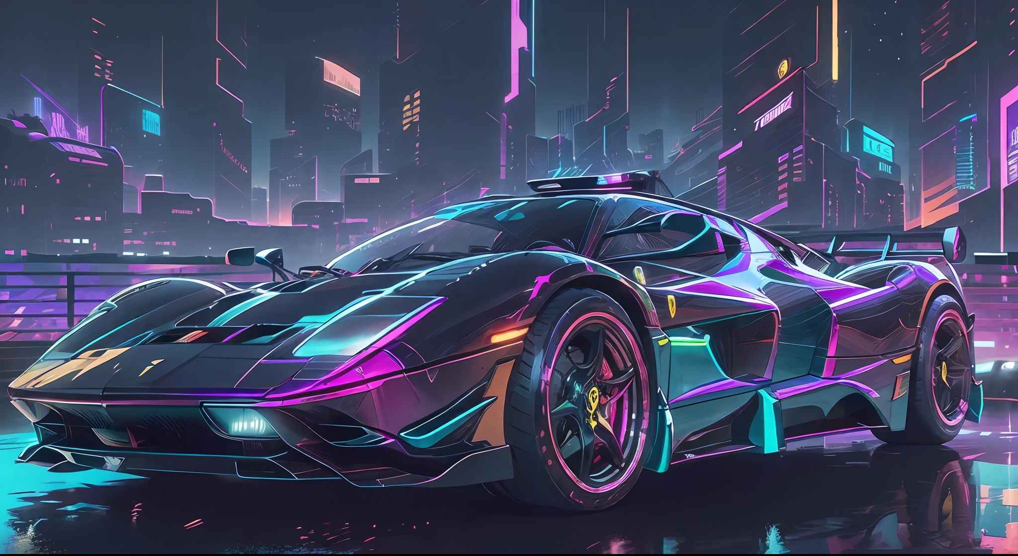 Reverse wave. Cyberpunk City, Ferrari Enzo, Frontal Camera, Sport Suite, Black Samurai, Purple Neon, Sun Setting,
(masterpiece, detailed, high resolution),