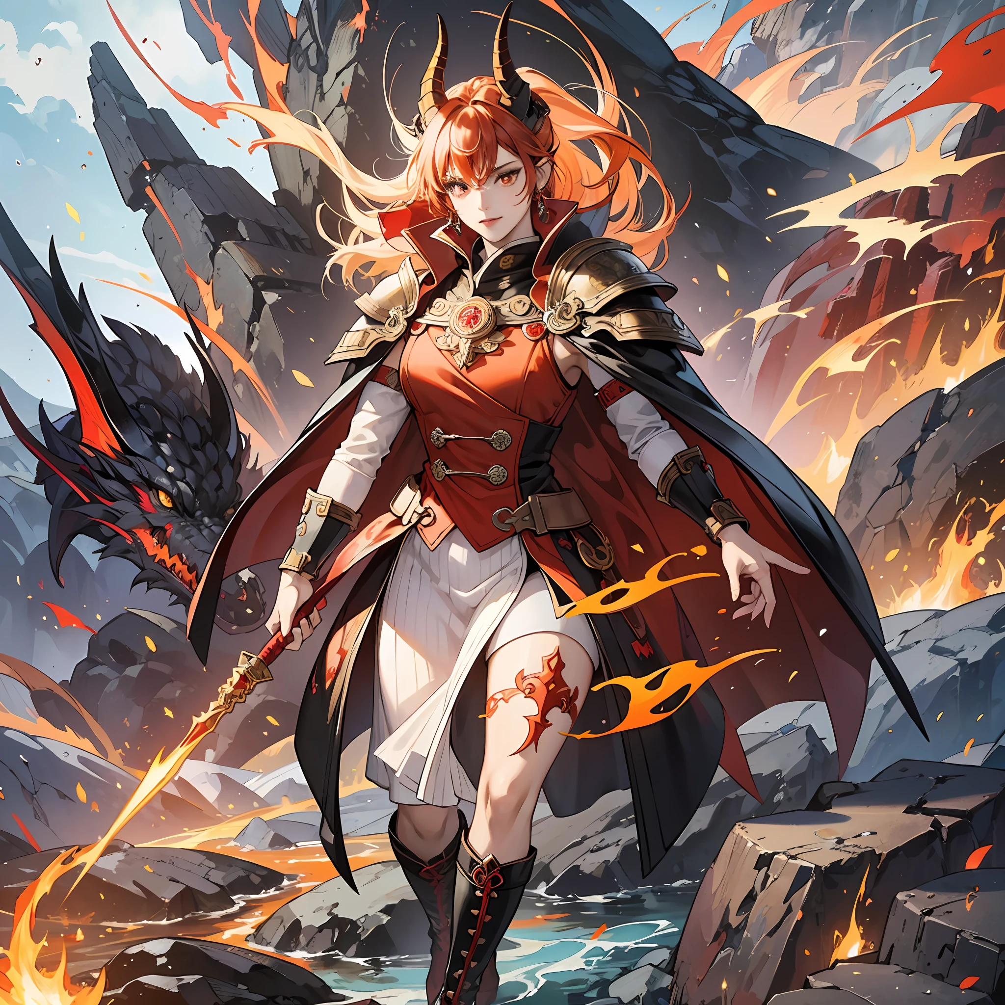 (HD CG Fine Painting), Clear, Female Dragon Man, Top-down View, Red/Black Skin, Yellow Dragon Horns, Red Pupils, Orange Flame Tongue, Red and Black Mixed Hair, White/Light Blue Scale Cloak, Bracer Decorated with Red Philosopher's Stone, Seal Engraved Pattern Armor, Black Leather Boots, Jungle/Volcano/Desert, Daylight Here are some appropriate details --auto --s2