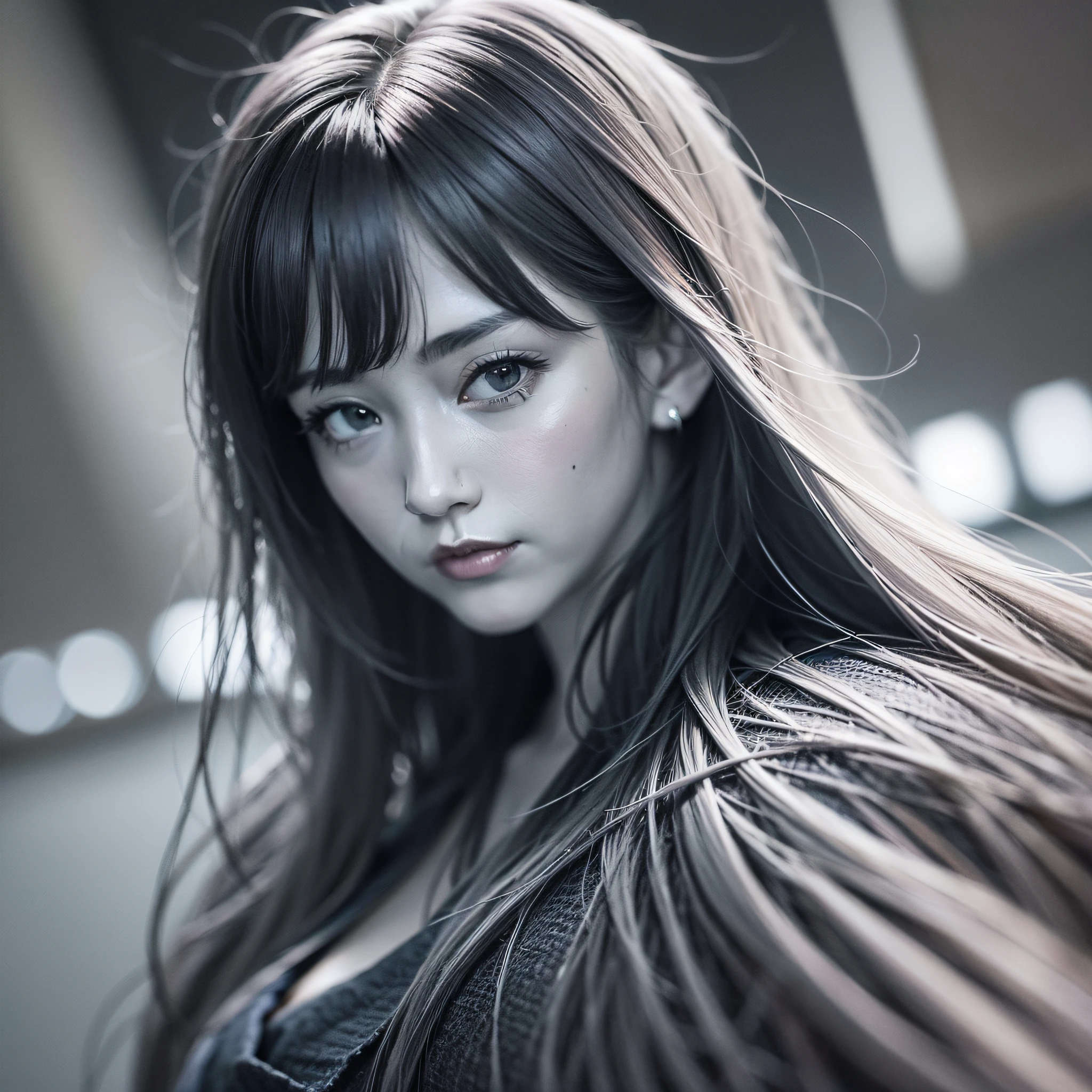 Beautiful Japan woman, long hair, frontal, close-up shot, light navy dress, smile, charming, aurora core, game night, fural top quality, masterpiece, super détary, dynamic angle, sharp photo masterpiece, ultra high resolution, (photorealism: 1.4), high contrast, black color, glamial, UV lighting, ultra-realistic, dramatic shadows, film noir style, Ultra Realistic, Fral Top Quality LT, Masterpiece, Super Datly, Dynamic Angle, Clear Photos, 4K, 55mm Lens