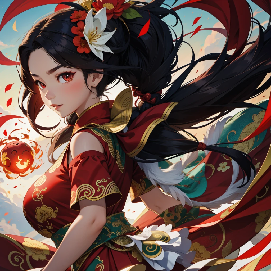 1girl, liuyun, fire ball, long hair, floating hair, hair flower, eastern dragon, red and white, upper body, looking at viewer,