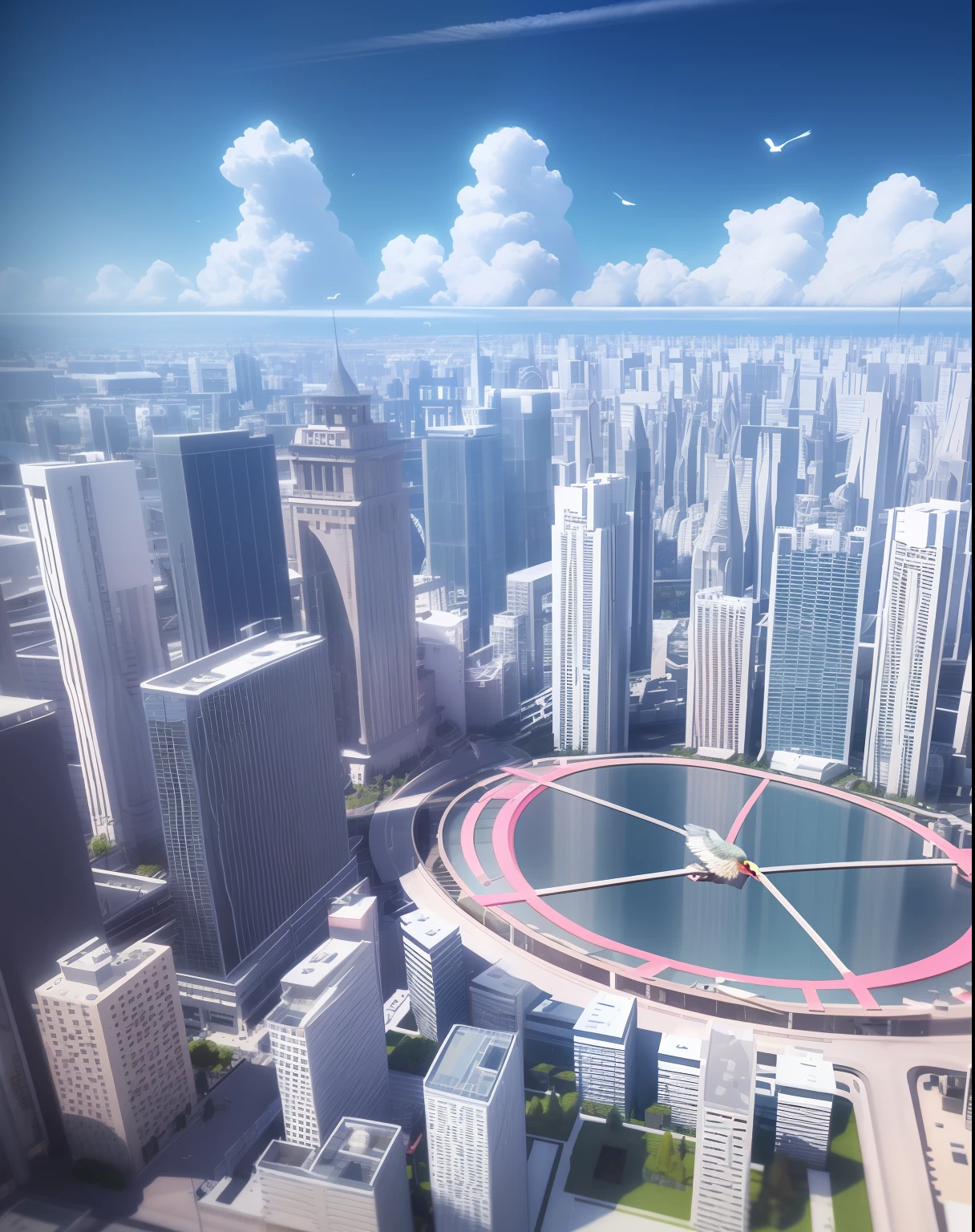 Event atmosphere, 1 micro city, blue sky, white clouds, heavy white clouds, pink, white clouds surrounding, bird's eye view, 60°, city center, giant stage, light blue city, light pink city, C4D, C4D style, epic, C4D lens, artistic sense