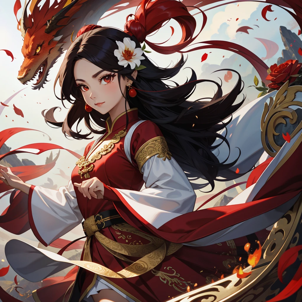1girl, liuyun, fire ball, long hair, floating hair, hair flower, eastern dragon, red and white, upper body, looking at viewer,