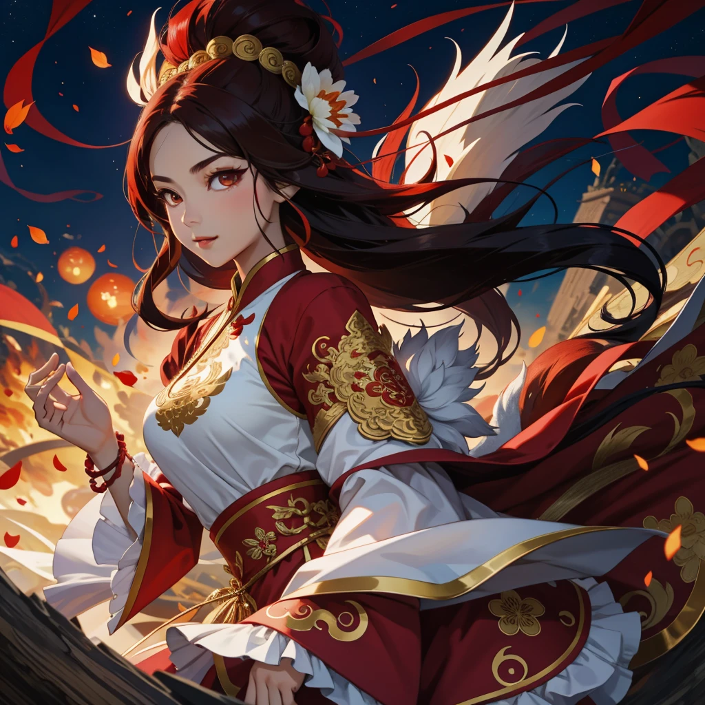 1girl, liuyun, fire ball, long hair, floating hair, hair flower, eastern dragon, red and white, upper body, looking at viewer,