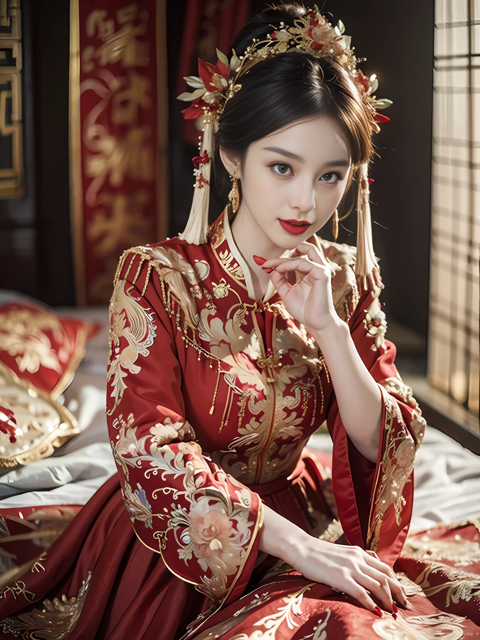 (ultra realistic 8k CG:1.2),perfect artwork,delicate pattern,intricate detail, (unparalleled masterpiece,best quality:1.2),(extremely intricate:1.2),a woman in a red and gold dress, Phoenix crown,hair stick,(sitting on red bed),Cosmetic,blush,shy,black_hair, looking down, Cosmetic,(forehead dot),(2 red candles), chinese_clothes, curtains, earrings, hair_ornament, hanfu, indoors, jewelry, red nails, long_sleeves, red dress, red lips, tassel, (Red quilt),(red palace:1.2),(ancient Chinese architecture),(red:1.8),night