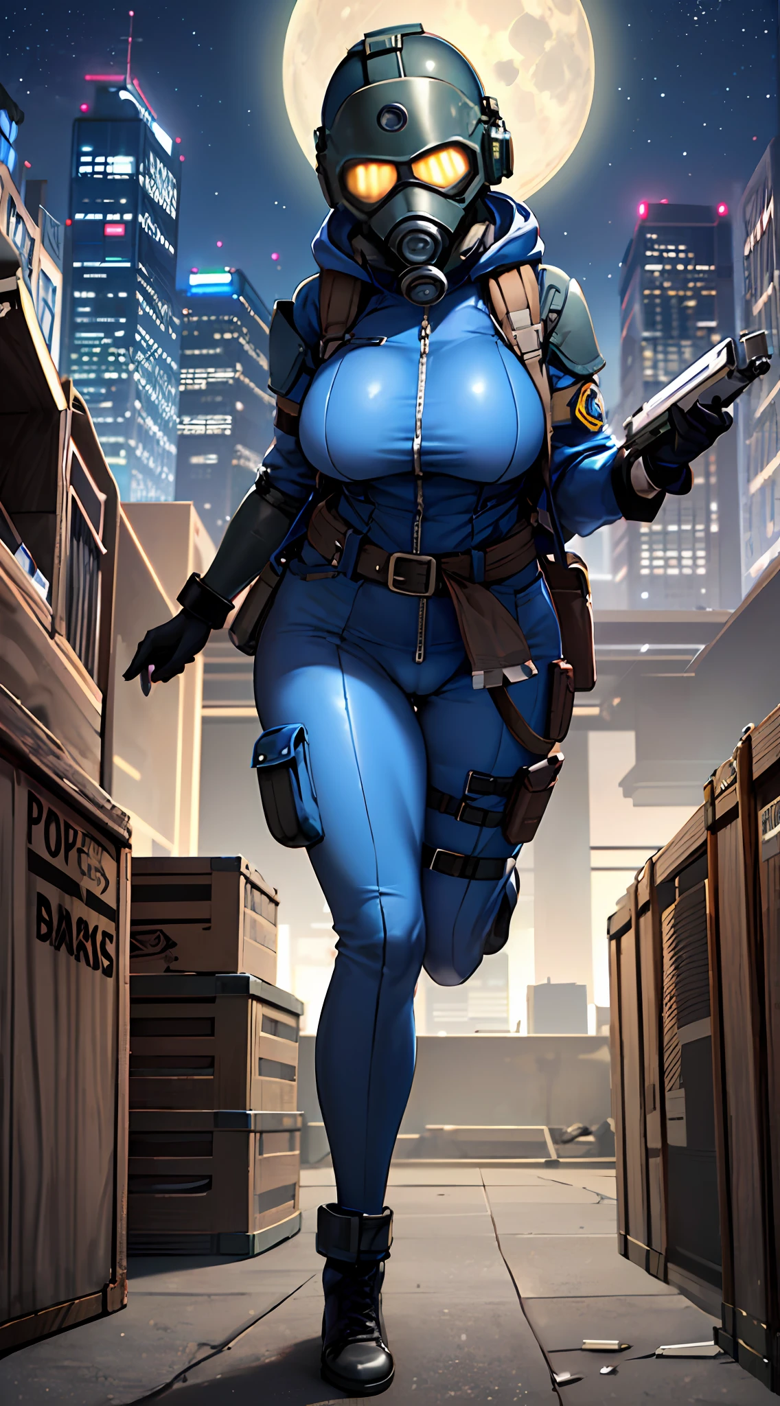 solo, 1girl, gas mask, girl wearing gas mask, bullet proof vest, body armor, combine soldier, jump suit, two tone clothes, shoulder armor, helmet, combat boots, blue urban camo, blue camo, cameltoe, science fiction, mature, mature woman, milf, large breasts, cleavage, exposed chest, wide hips, thicc, toned legs, muscular legs, curvy, armband, leg armor, military, sexy tight clothes, glowing eyes, ass, city, skyscraper, tower, military, wrench, jacket around waist, mechanic, mechanic girl, vehicle, apc, truck, humvee, waist coat, abs, athletic, sweat, night, stars, moon, (blue glowing eyes), flashlight, chest rig, holster, pistol holster, belt, submachine gun, metal crates, military crates, ammo box, laptop, laptop on table, grenade belt, backpack, radio on shoulder, hoodie down, city night, vest collar, toolbelt, screwdriver, hammer, tablet, holding weapon, holding gun,