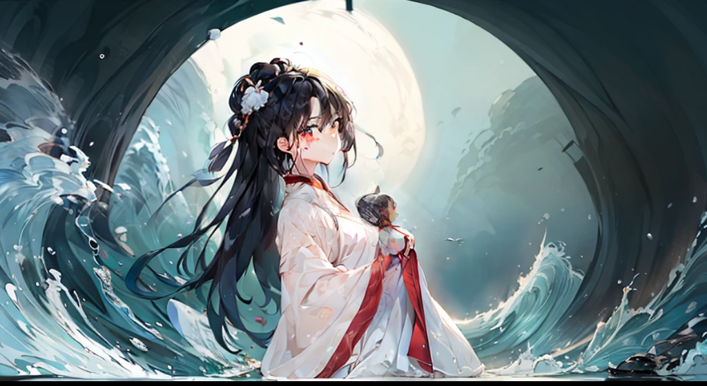 High quality, high precision, extreme detail, 8k, Panoramic view, there is a huge round moon in the sky, a maiden, full body, hanfu, mingstyle, long black hair, beautiful face, blush, in line with human female eyes, tears in the corners of the eyes, white long skirt, holding a ball fan in one hand, pulling the skirt corner with the other, standing sideways in a pool of water, water, waves, looking up at the sky, bright colors, cinematic light effects