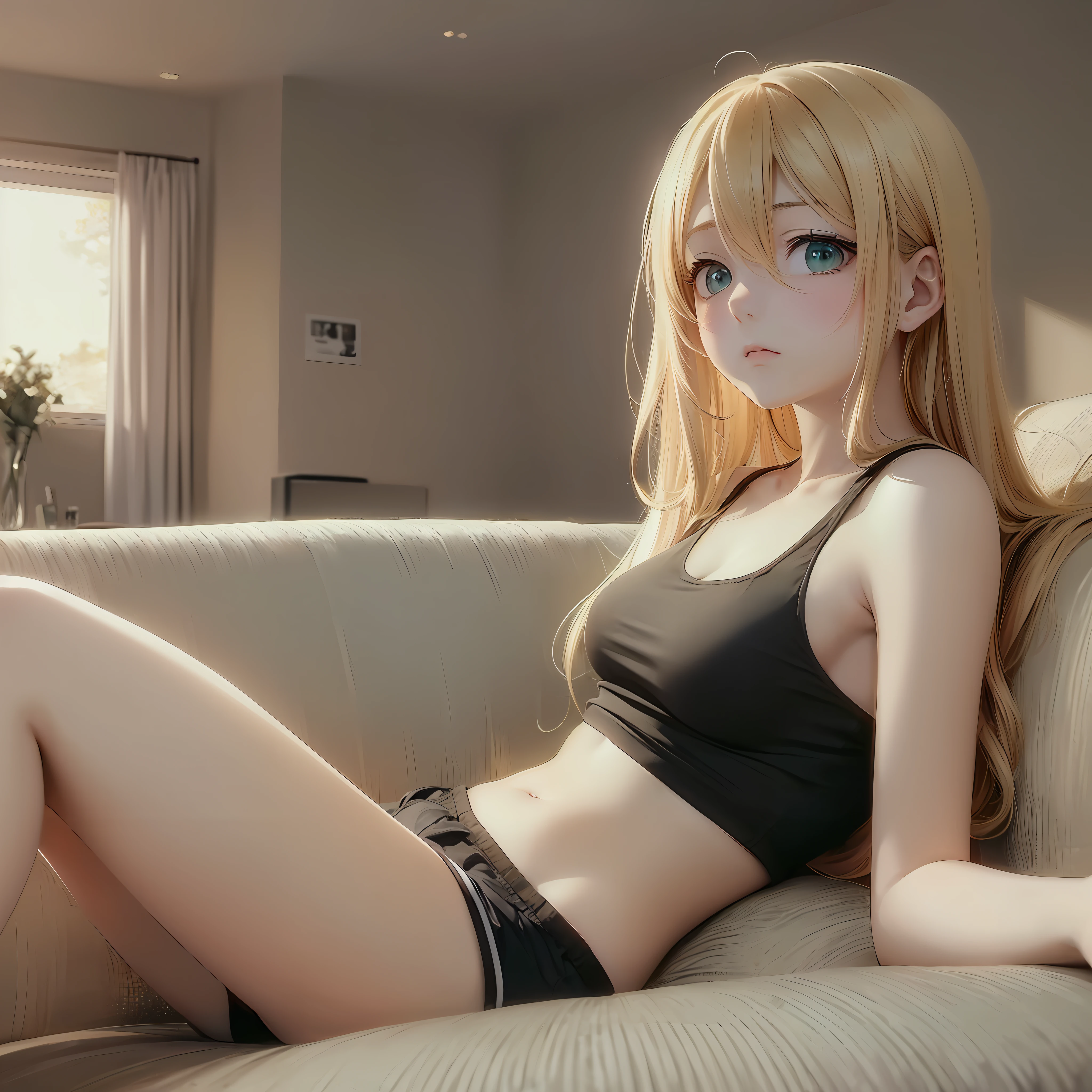 Mostly a girl((looking at the ceiling)),wearing (black tank top),with(black pajama shorts),hair(silky blonde going down the couch),deep eyes,tired;((full body),(lying horizontally)), emphasis on lying on(dark green sofa),traviceiro{under the head};ambient lighting (low contrast); Framing angle:diagonal view, suppending detailing, superior quality;({LED} TV,furnished house,living room+sofa,((anime style)), soft stroke, soft focus, minute details, sad scene, (sad environment:1.2). --auto