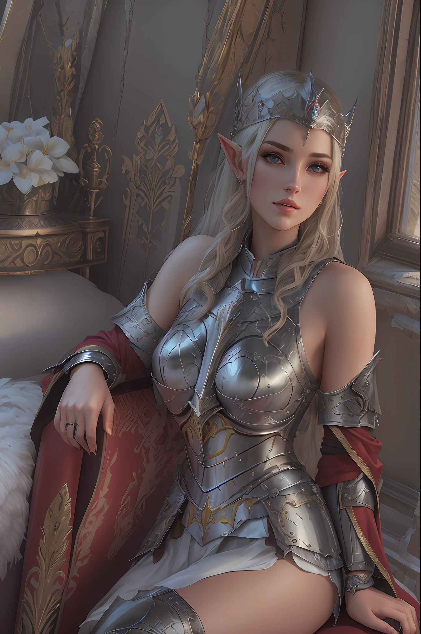 arafed woman in armor sitting on a red chair in a room, fantasy style 8 k octane render, 3 d render character art 8 k, 4 k detail fantasy, beautiful female knight, hyperdetailed fantasy character, gorgeous female paladin, a beautiful fantasy empress, realistic fantasy render, beautiful and elegant elf queen, girl in knight armor, of a beautiful female knight