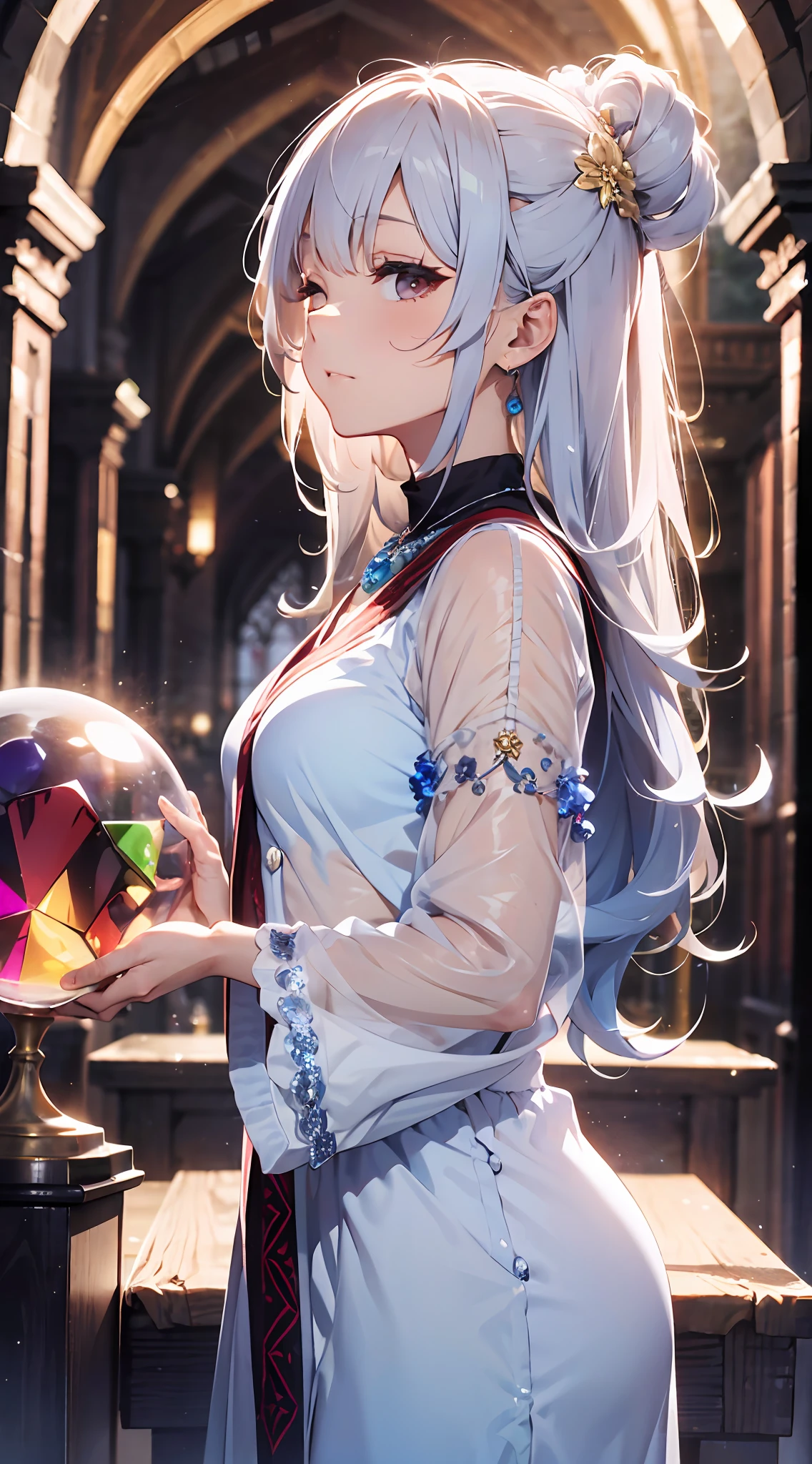 Standing figure from the side, transparent crystal ball, church, crystal necklace, elderly, closed eyes. (((masterpiece))),((ultra detailed,best quality, highres, 8k wallpaper, beautiful Clothes,))eyeshadow, eyeliner,35-year-old girl。 Goddess, white robes. White hair, very berry long hair, up-hair. Perm. He has a big crystal ball. Princess hairstyle