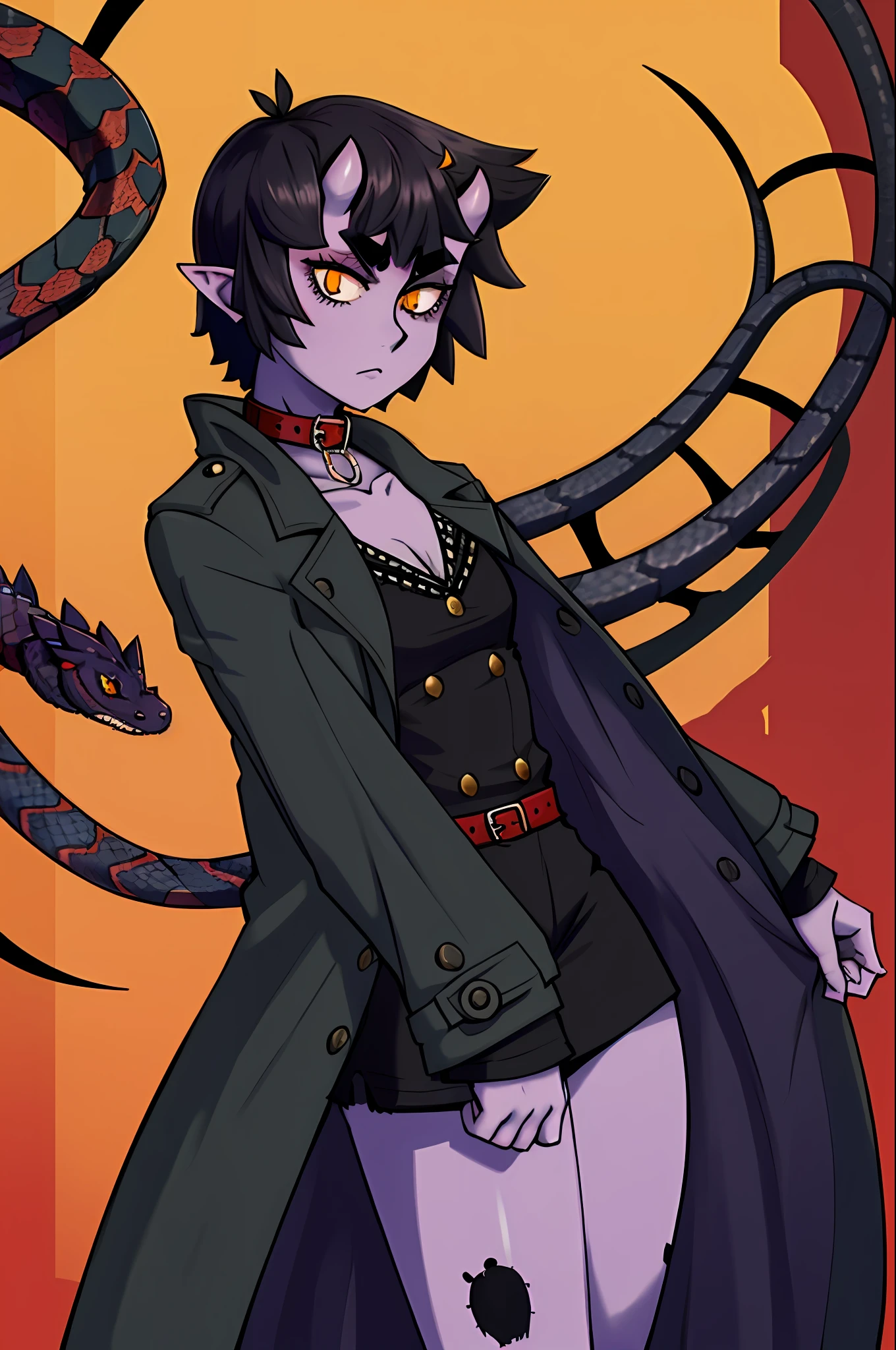 (short hair, red details in hair, Man, masterpiece, best quality, absurdists, rattlesnake black details, black spots), Ume, oni, slit pupils, cowboy shot, bright eyes, purple skin, collar coat
