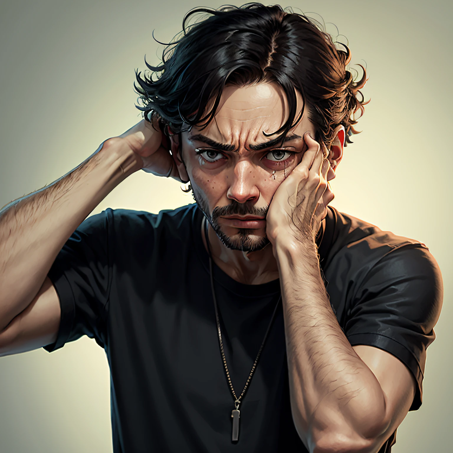 man troubled with thoughts, both hands on his head. --auto