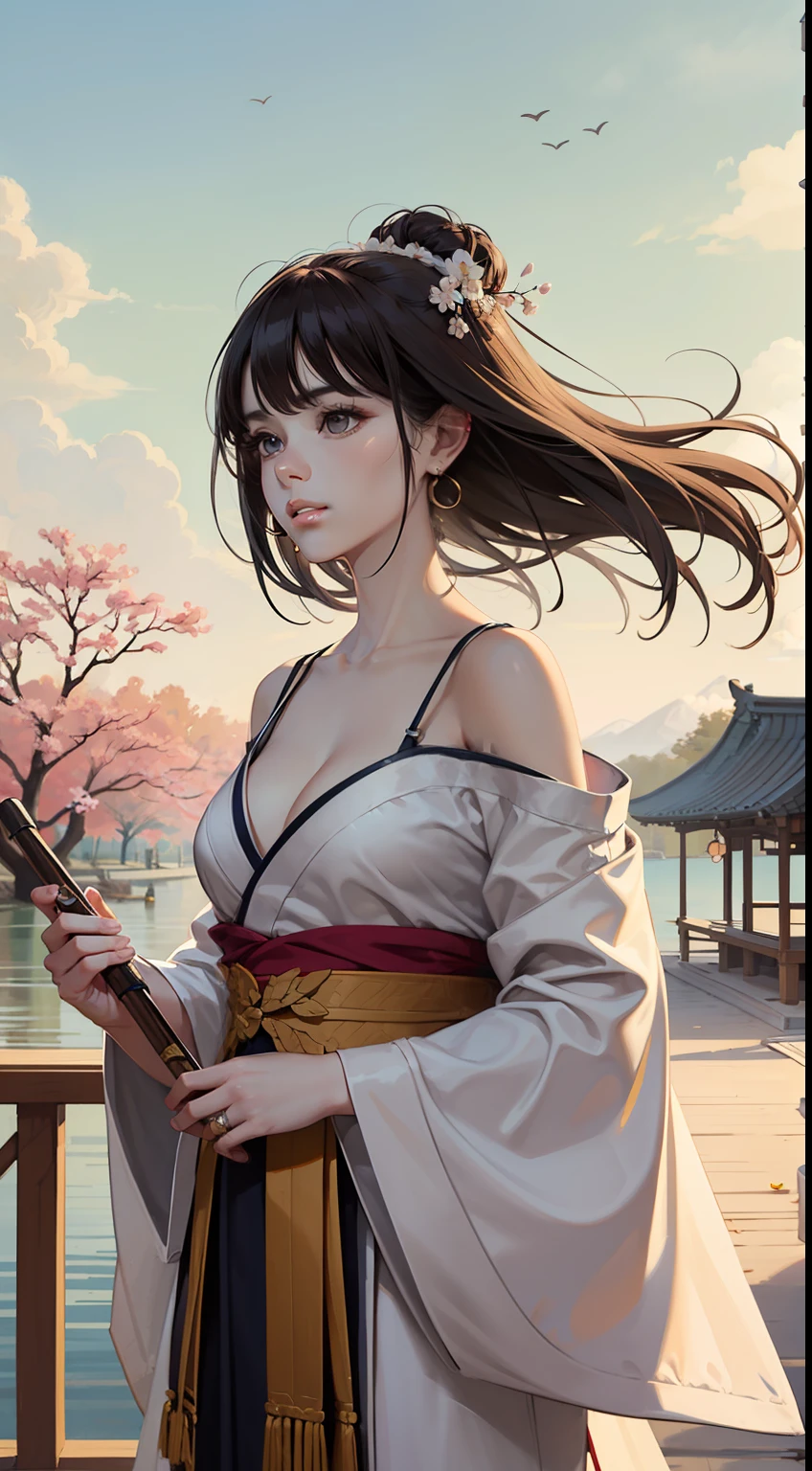 portrait of a girl, (face:1.2), Floating hair, wind, clouds, sunshine, movie light, bangs, face close-up, sky background, oil painting texture, clear hair, light hair, flowers, girls, smiles, bright eyes, single line shoulder, collarbone, shirt, autumn, bare shoulder, bare tree, black hair, branch, cherry blossom, cleavage,coat, (robe:1.21), collarbone, earrings, gray background, hair accessories, Hanfu, Holding a pipe, jewelry, lips, long hair, medium breasts, sitting, solo, tassel, tree, wide sleeves, see through clothes, translucent clothes, silk, Shuke walking horse, negative space, ink painting, standing woman portrait, Willow Branch, (Masterpiece best quality :1.2), traditional Chinese ink painting, model shooting style, peace, looking at the audience, wearing long Hanfu, Song, Willow as background, Ochangshuo, shirt, nsfw whole body, head to toe, natural body, girly feeling, flying hair