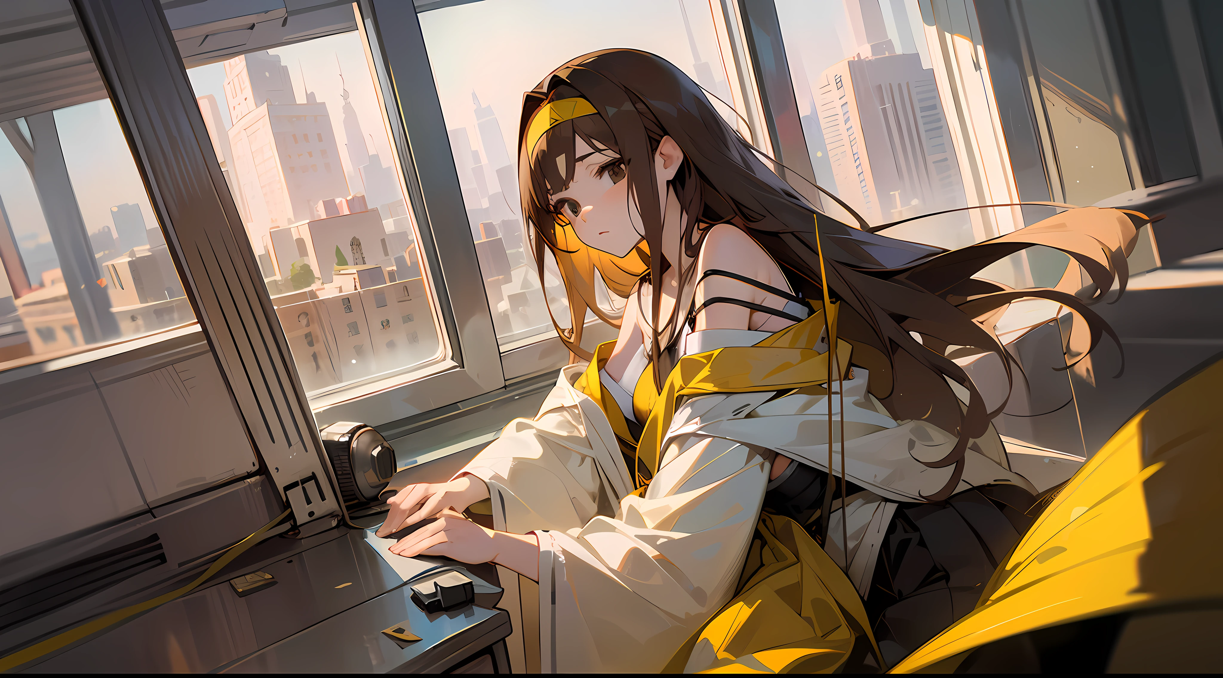 Detailed illustration, masterpiece, solo, low angle, ((drawn with very thin lines)), vertical elliptical face, young beauty, white oversized tunic, ((gathered on the chest)), very ruddy cheeks, long brown hair, wind, straight hair, full body, expressionless, eyes open, black eyes, slightly visible bra, long skirt, yellow wide headband, knee alignment, legs shoulder-width apart, By the window of the office, sitting at the desk, gazing, the street of the middle building outside the window,