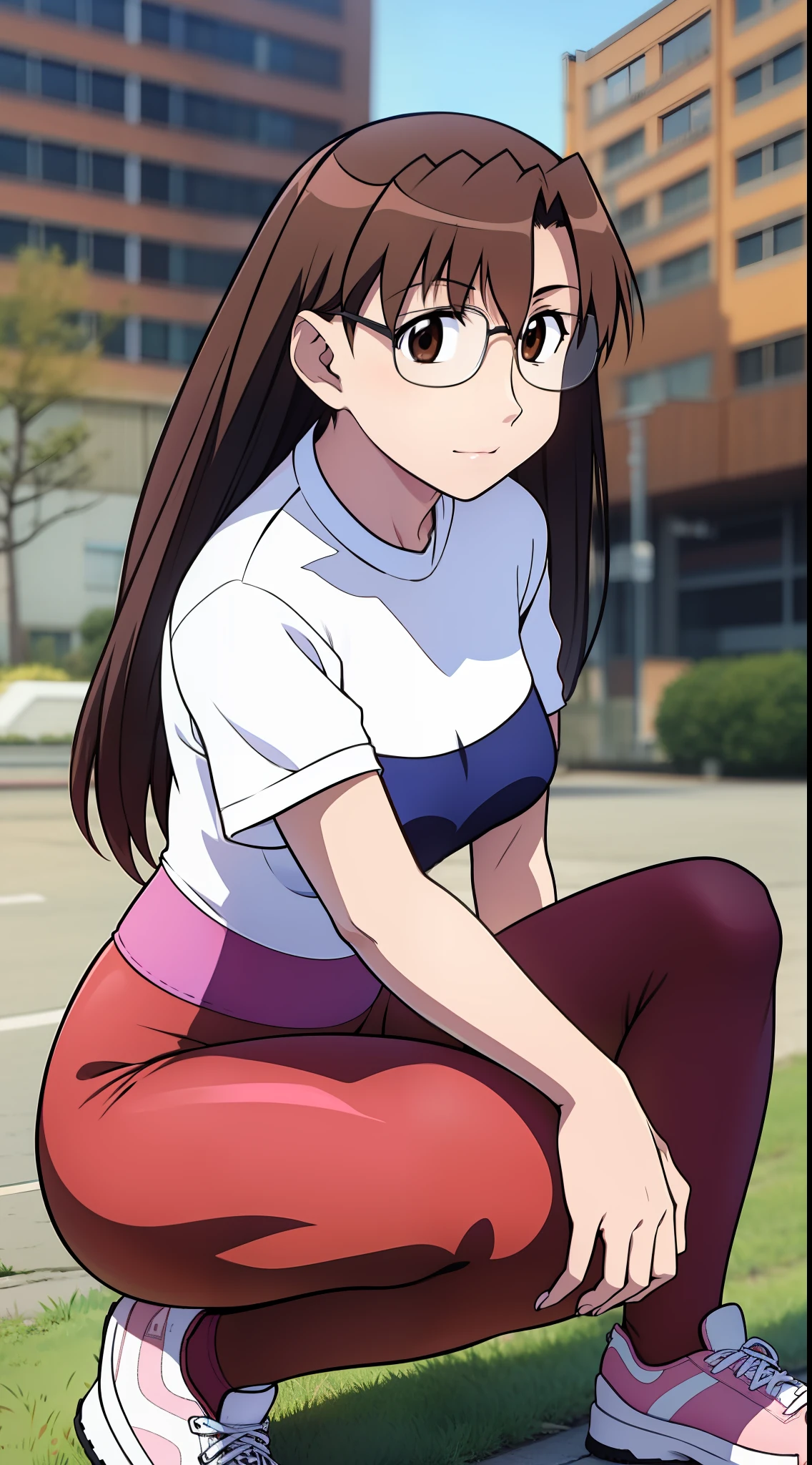 Koyomi mizuhara, Brunette hair, long hair, bangs, glasses, feminine body, biker shirt leggings, leotard, socks, sneakers, waist, babe, splits