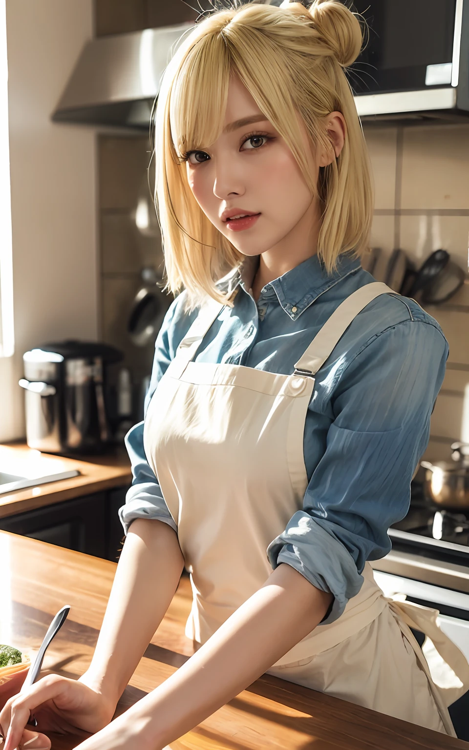 Highly detailed CG Unity 8k wallpaper, top quality, super detailed, masterpiece, realistic, photo realistic, very detailed cute girl, 25 years old, ((blonde hair:1.4)), ((dyed blonde)), (gyaru), round eyes, viewer, blush, parted lips, half body shot ,
apron, kitchen, single hair bun