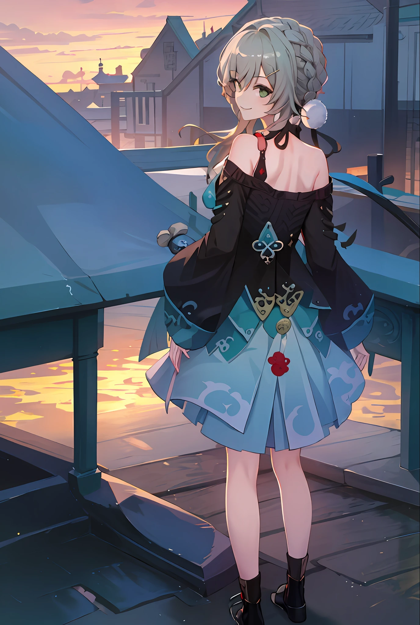 ((masterpiece,best quality)), highres, 1girl, qingque, smile, from behind, looking back, sunset
