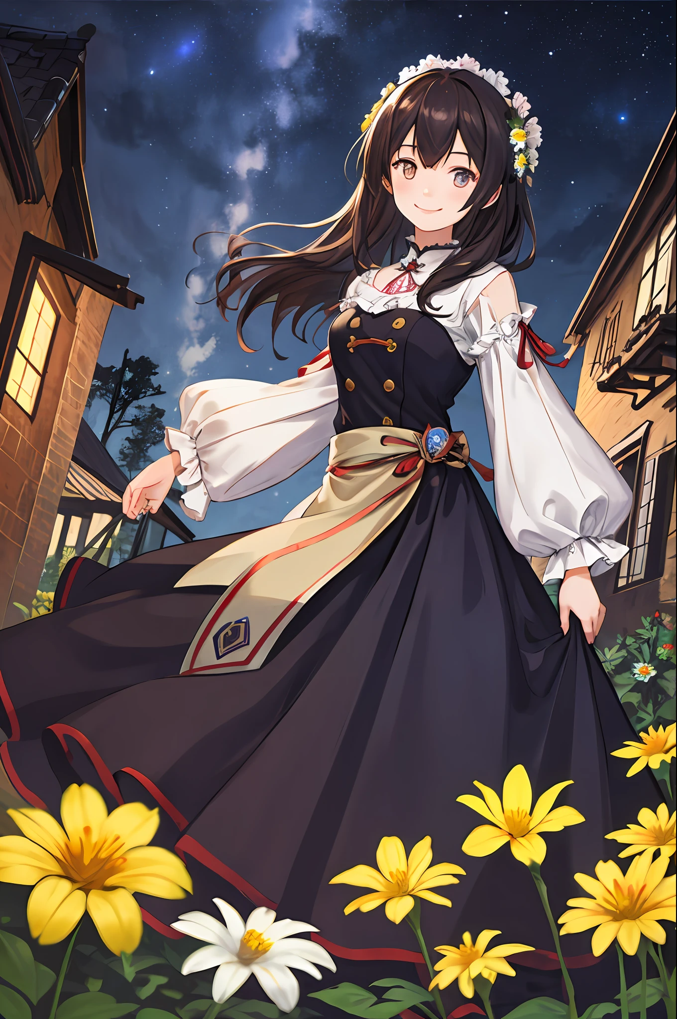 best quality, high_resolution, distinct_image, detailed background ,girl, random wear,flower, night sky,dutch angle, wide shot,shy smile,