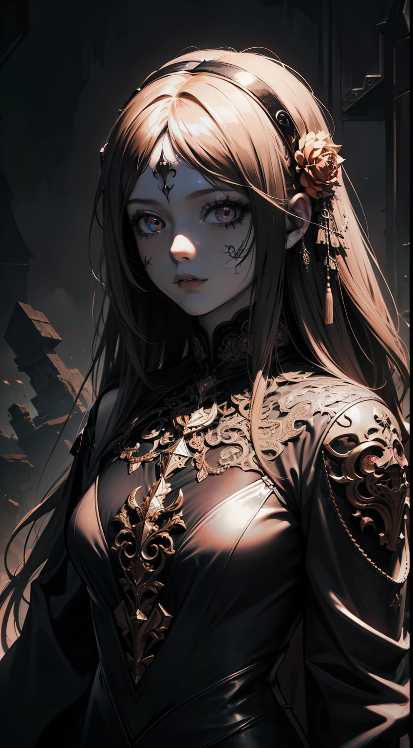 (absurdres, highres, ultra detailed), 1girl, solo, extremely detailed eyes, (official art, beautiful and aesthetic:1.2), (dark art,erosion,fractal art :1.3), colorful, horror,highest detailed
