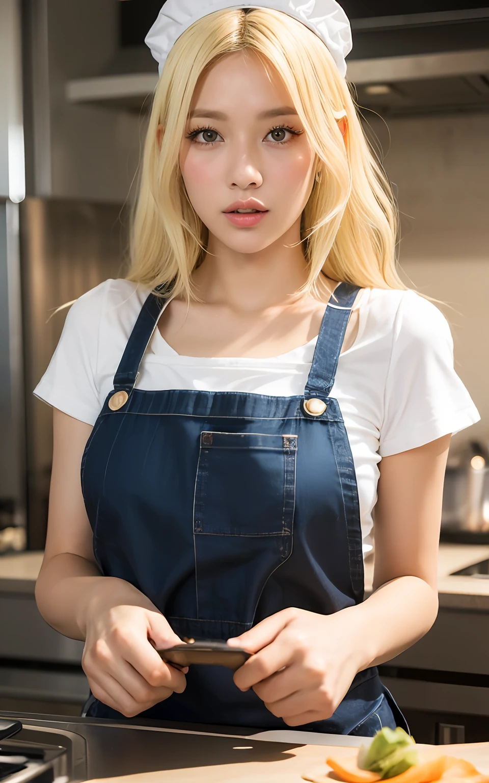 Highly detailed CG Unity 8k wallpaper, top quality, super detailed, masterpiece, realistic, photo realistic, very detailed cute girl, 25 years old,  ((blonde hair:1.4)), ((dyed blonde)), (gyaru), round eyes, viewer,  blush, parted lips, half body shot ,
apron, kitchen, hime cut,