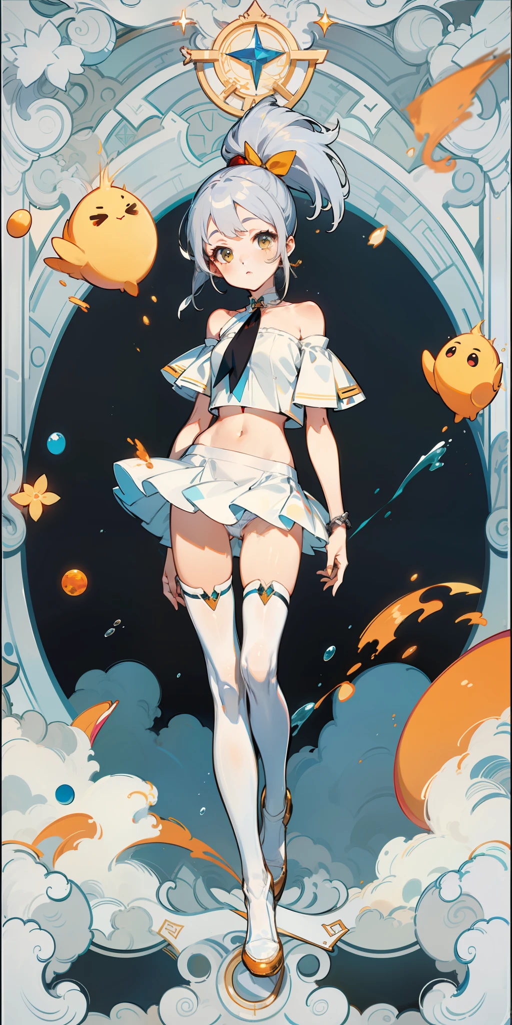 projected inset, (highest quality), (full body), glamorous, rich details, 1girl, girly, cute, ((silver hair)), quadratic, long ponytail, amber eyes, red hairpin, sleeveless, off-the-shoulder, (navel), miniskirt, panties, white stockings, light clothing, hands behind back, (splash)