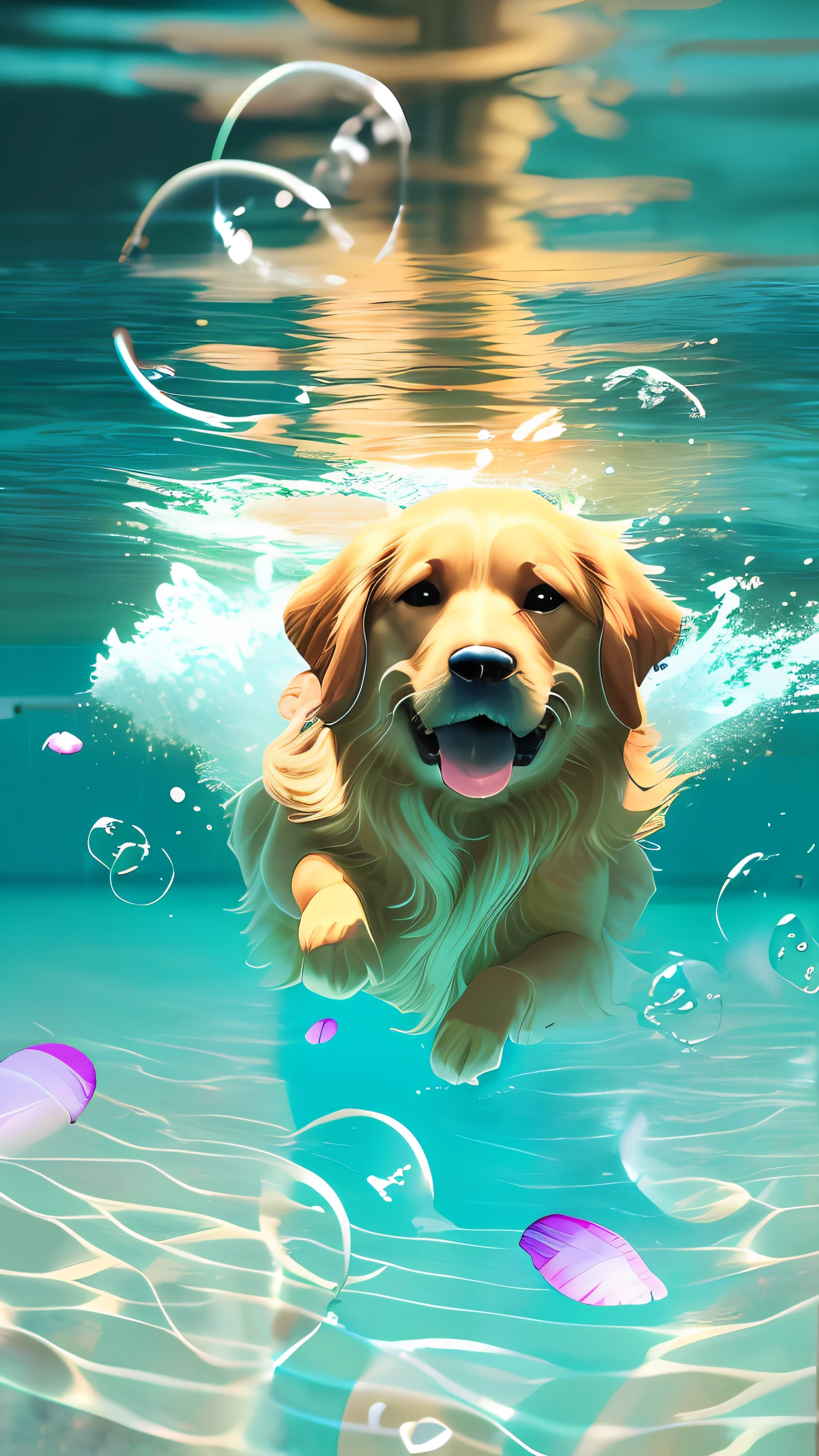 (swimming and diving in the sea), beautiful portrait in realistic style, oil painting, surrealism, ((1 golden retriever)), diving in crystal clear waters, vibrant reflections, elegant movement, light blue background, soft waves, aquatic nuances, beautiful digital illustrations, Guvez style artwork, close-up fantasy and water magic, kodak portra 400, natural light, intricate details, surreal photography, movies, cinema, hyperdetail, ultra hd, color correction, HDR, color grading, Ultra-realistic CG animation with no humans