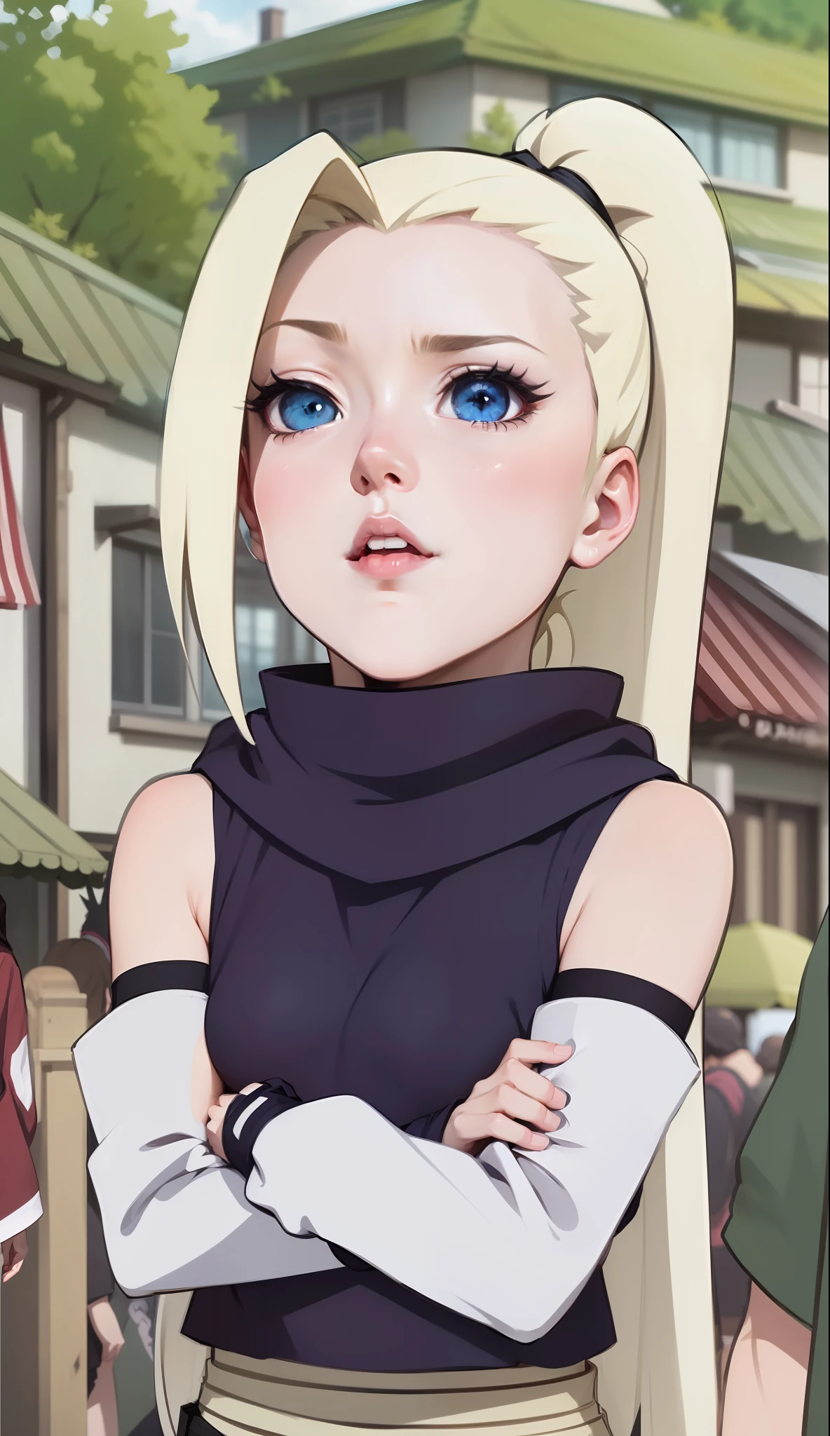 ((Best Quality: 1.5)), ((Masterpiece: 1.2)), ((Realistic Cartoon: 1.3)), ((Perfect Character: 1.5)) (masterpiece: 1.2) 1girl, a closeup of a person in a purple top and black gloves, INO of naruto, inspired by INO, as an anime character, Ino Yamanaka of naruto, anime character, female anime character, anime style, anime girl called INO,  Anime girl from the future, Ino Yamanaka in slug sage mode, blue eyes, long blonde hair. 1 girl, 1girl