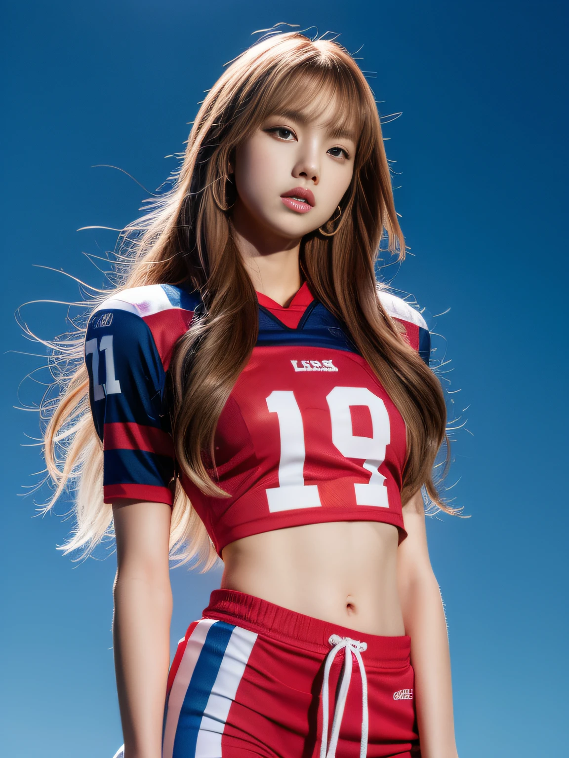 Masterpiece, superlative, realistic, Lisa wearing trendy football uniform, long hair, open waist, HD, photography lighting, 16k