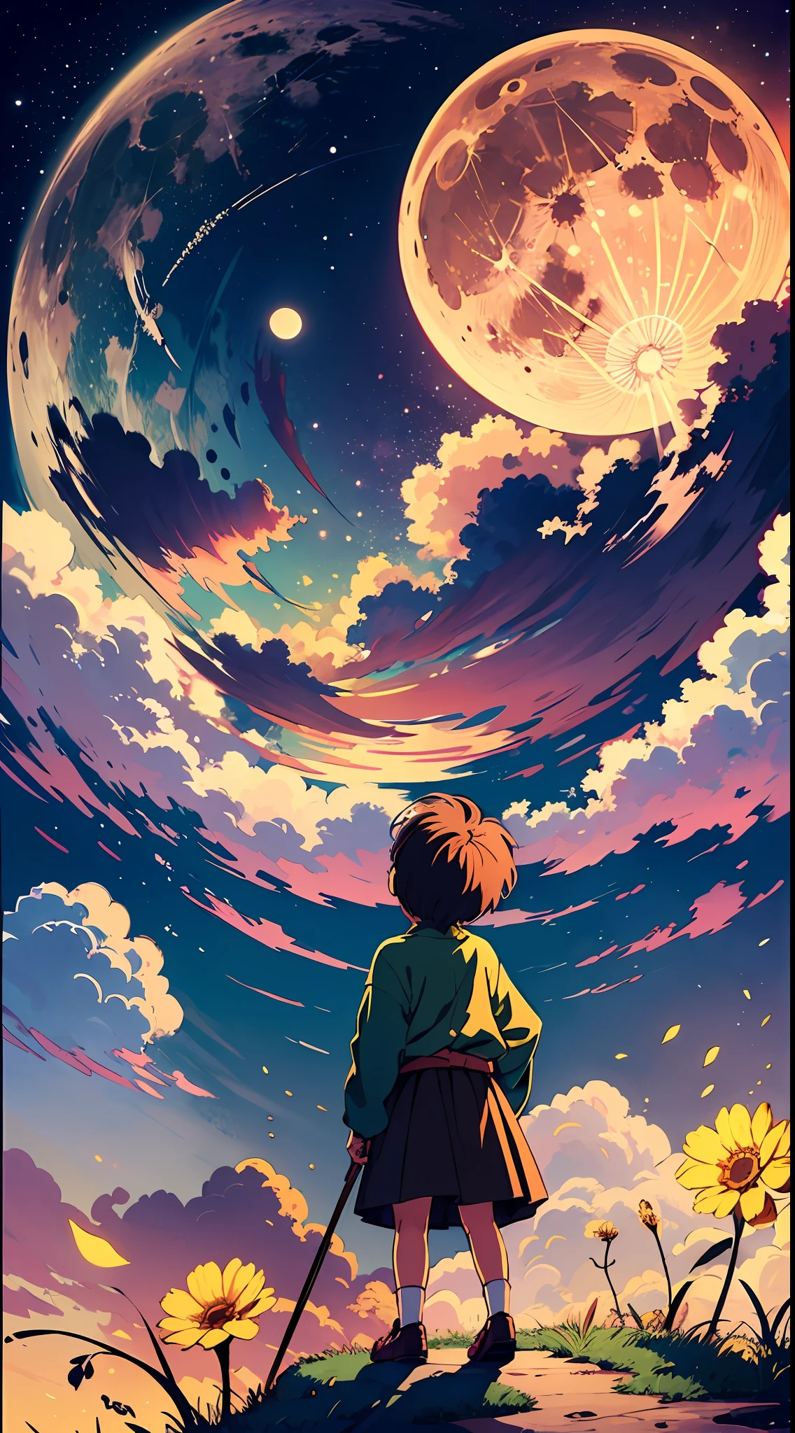 masterpiece, UHD, highres, high quality, best quality, 16k, night, huge moon background, a leading a little girp at the sky, lonely, Hayao Miyazaki --auto