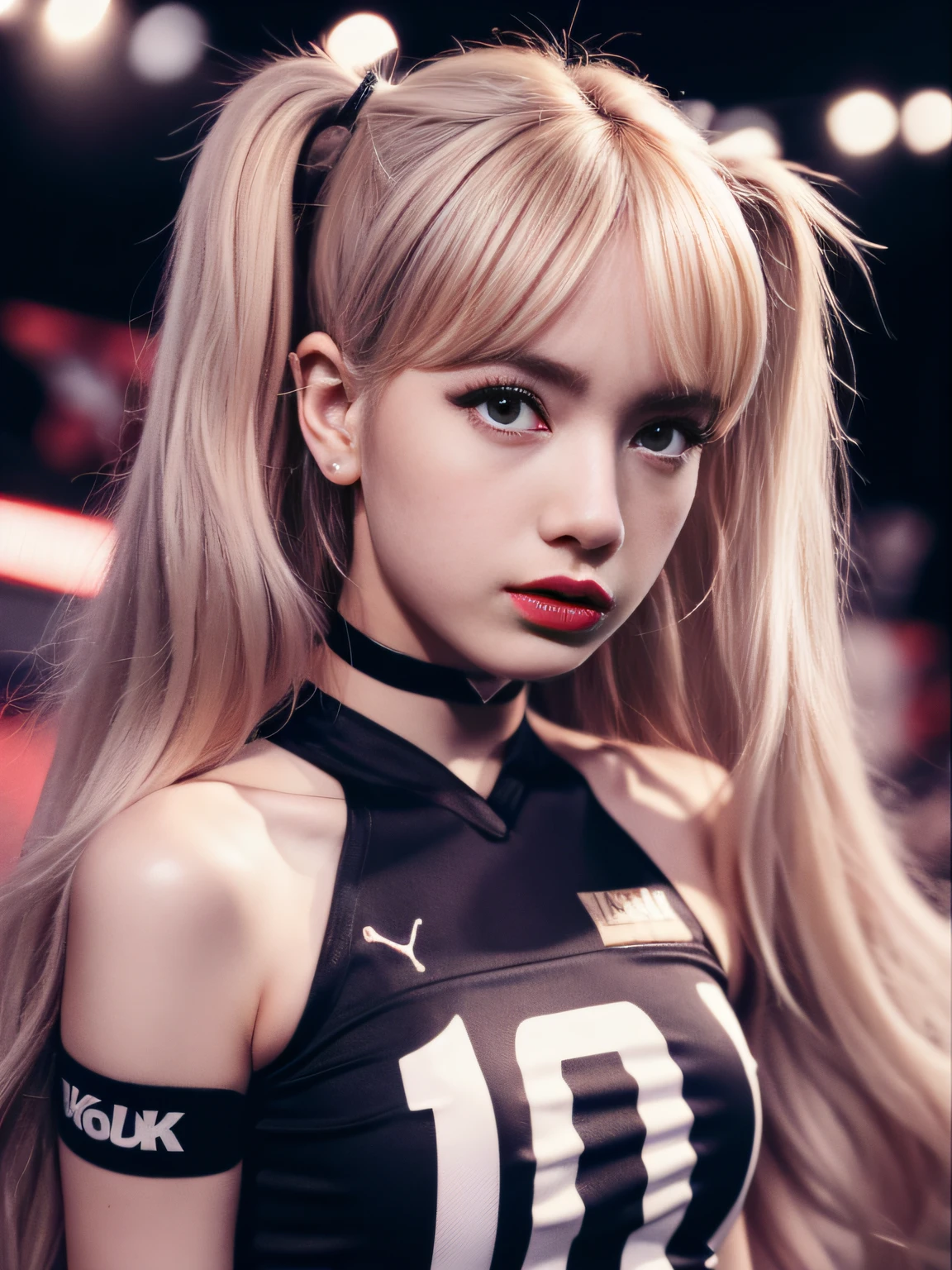 (8K, 4K, Best Quality, Highres, Ultra High Res:1.1), (Masterpiece, Realistic, Photo-Realistic:1.1), 1girl, Face, Close-Up, Twintails, Blonde Hair, Black Eyes, Red Lips, (Looking in Audience: 2), Wearing a trendy football uniform, bare waist, football shorts, ridiculously long hair, long eyelashes, eye shadow, small face, big eyes, bare shoulders, high contrast,