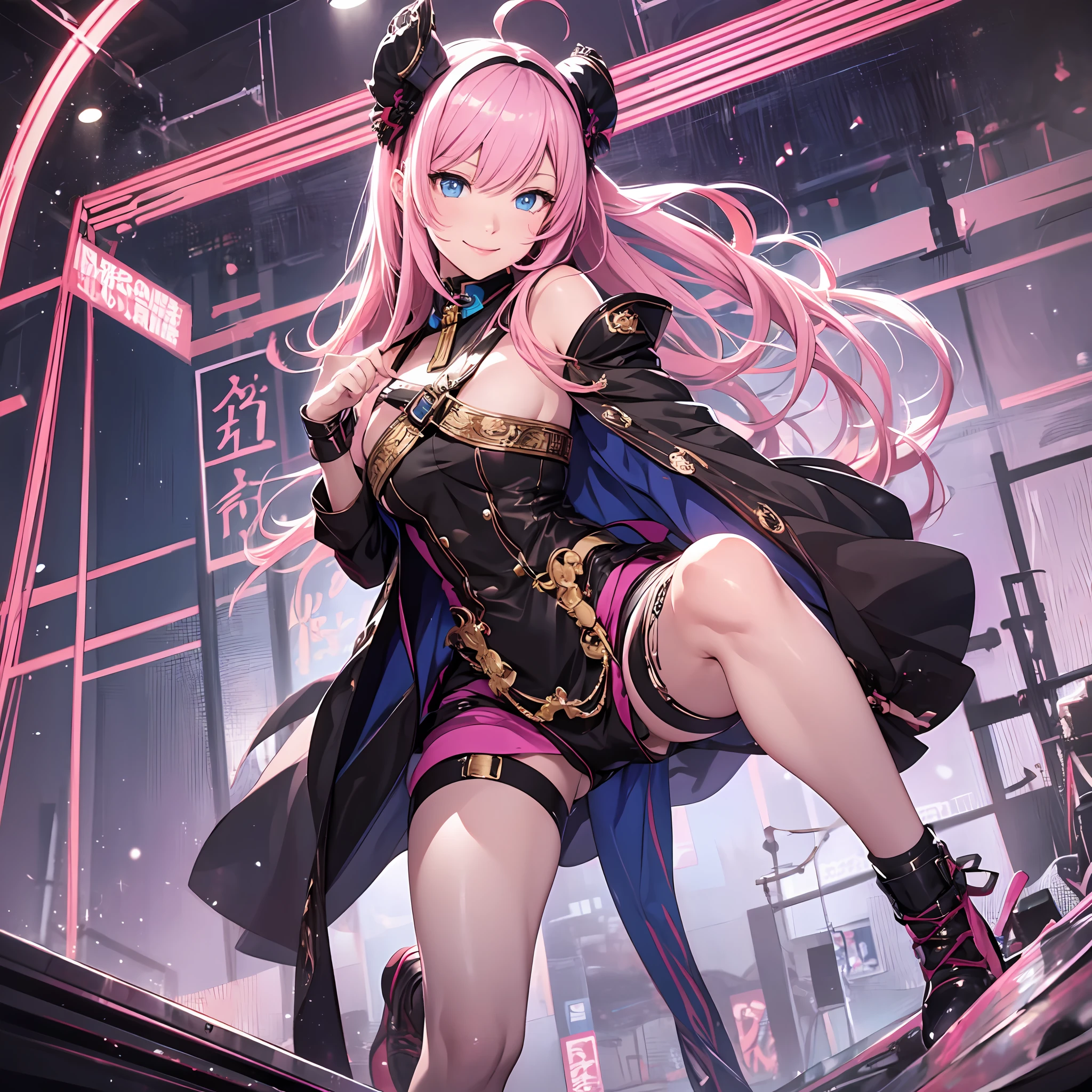 1 person, solo, (full body), photorealistic, super fine illustration, beautiful charming anime girl, super detailed, smile, beautiful blue eyes, beautiful proportions, megurine luka, pink hair, gentle look, seductive anime girl, (live stage), erotic idol costume, ahoge,