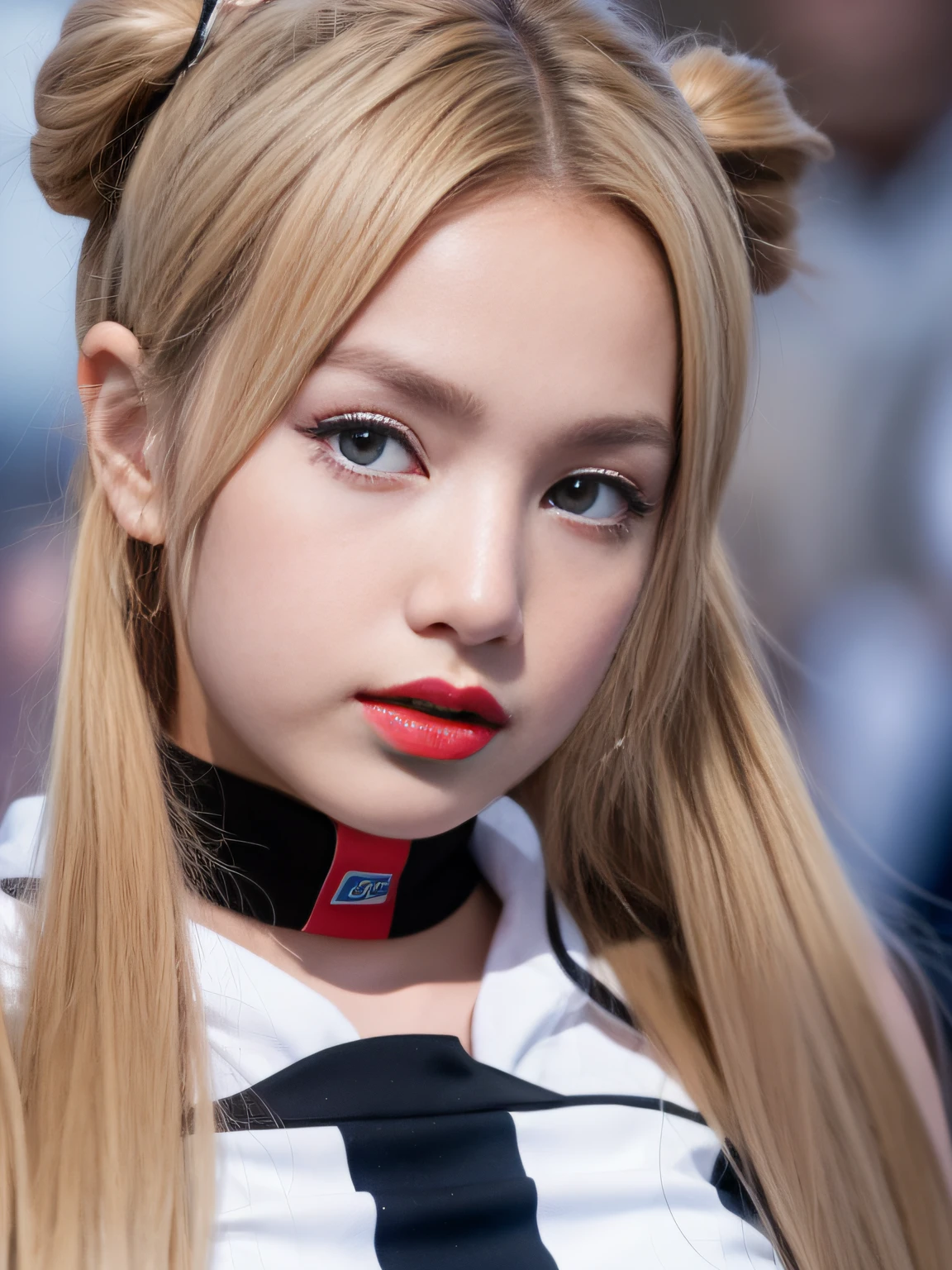 (8K, 4K, Best Quality, Highres, Ultra High Res:1.1), (Masterpiece, Realistic, Photo-Realistic:1.1), 1girl, Face, Close-Up, Twintails, Blonde Hair, Black Eyes, Red Lips, (Looking in Audience: 2), Wearing a trendy football uniform, bare waist, football shorts, ridiculously long hair, long eyelashes, eye shadow, small face, big eyes, bare shoulders, high contrast,