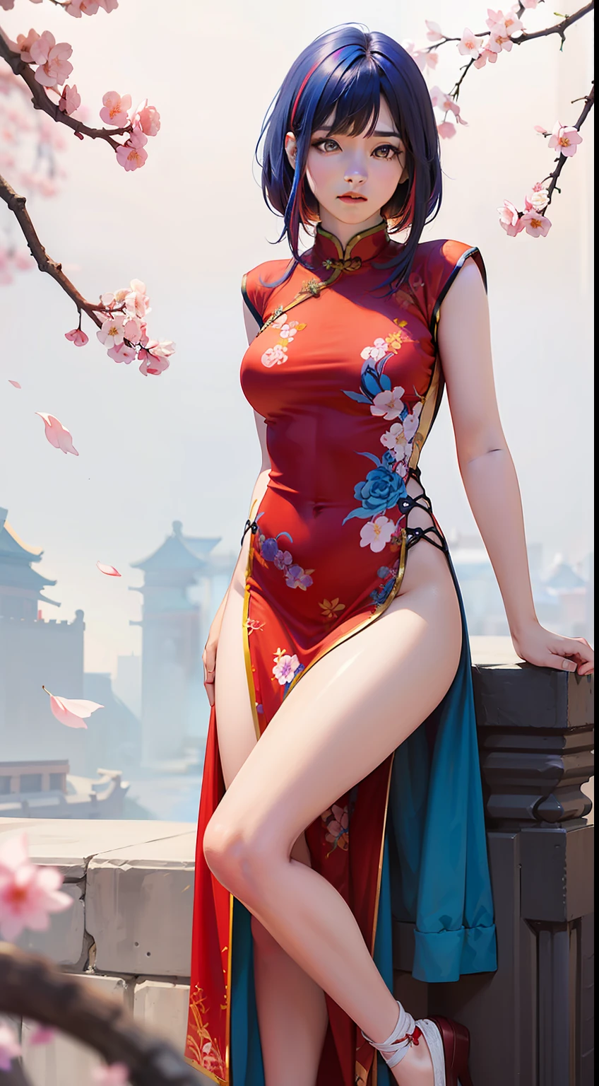 (best quality, masterpiece:1.2), (realistic, photorealistic:1.25), an extremely delicate and beautiful photo, extremely detailed, highres, solo, 1 lady,Beautiful face, (young beauty, adult,) little shy cute face, arms behind back, (beautiful detailed shiny (red:1.1) eyes,) beautiful detailed face and skin, style-bridal, (between thighs:1.2), (full body:1.3), partially immersed in flower, natureal light reflection, professional studio lighting, soft light on the face, camera 50mm f0.8 lens, depth of field, lifelike, falling sakura blossoms, falling plum blossoms, (colorful hair:1.8),(china dress:1.5),