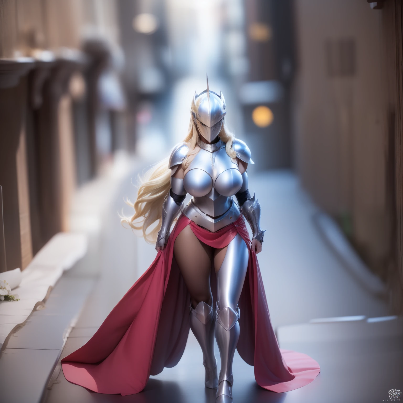 (Masterpiece, Superb Quality, Super Delicate, High Resolution), Male Focus, (((Female Knight))), (Knight Dress Set))), (She Has Long Blonde Hair, Big Breasts, Slim), (Standing Pose), Posing for Photos, Looking Down, City Ruins, Background Details, (((Full Body))), From Above, Solo