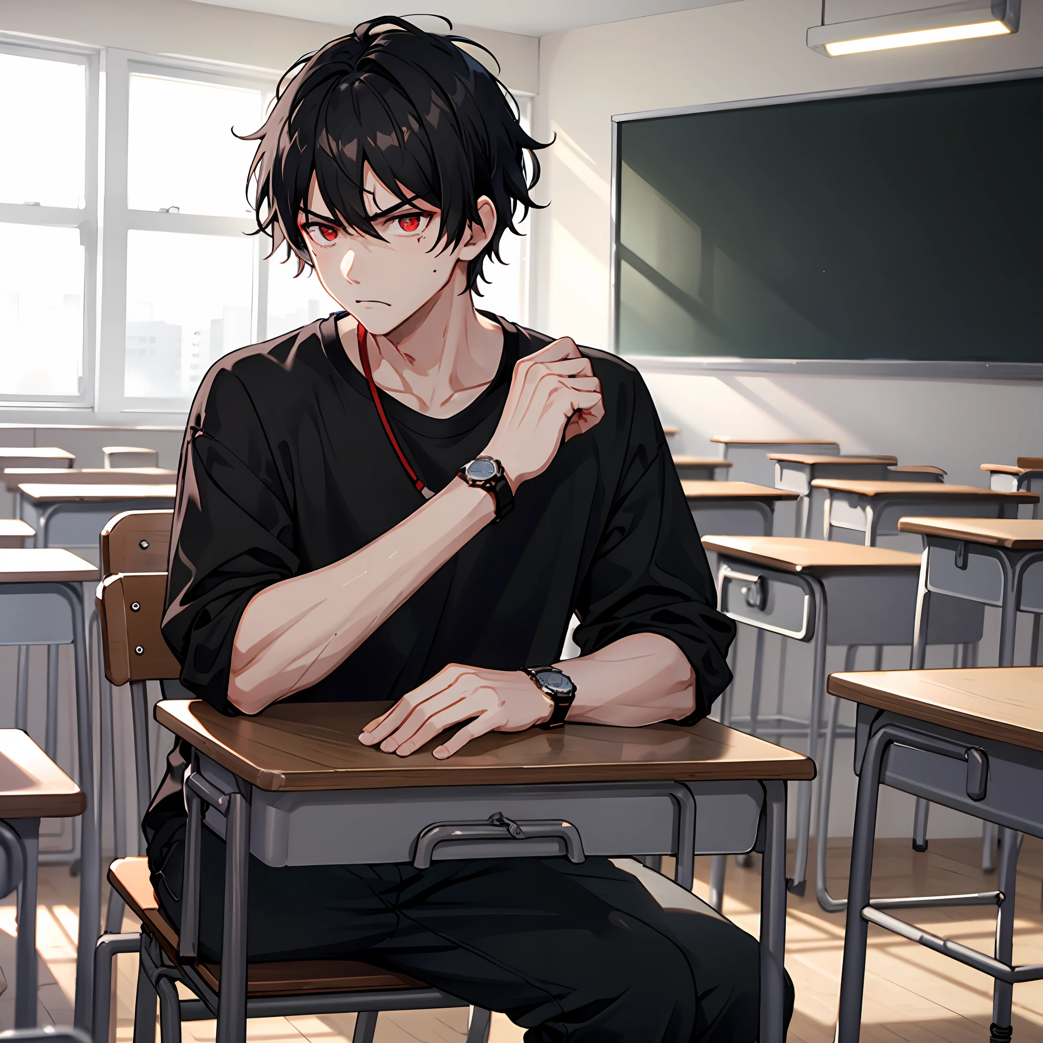 1boy, black hair, black shirt, red eyes, watch, messy hair, 8k resolution, classroom, shabby classroom, fierce, delicate facial features, cold, murderous, angry, sitting in a chair,