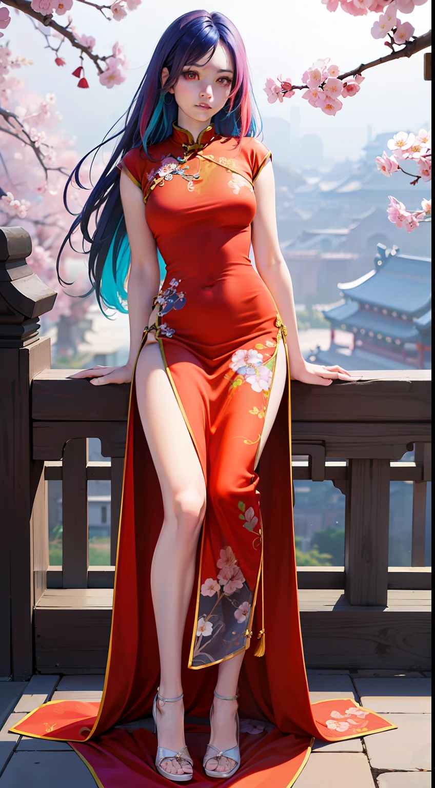 (best quality, masterpiece:1.2), (realistic, photorealistic:1.25), an extremely delicate and beautiful photo, extremely detailed, highres, solo, 1 lady,Beautiful face, (young beauty, adult,) little shy cute face, arms behind back, (beautiful detailed shiny (red:1.1) eyes,) beautiful detailed face and skin, style-bridal, (between thighs:1.2), (full body:1.3), partially immersed in flower, natureal light reflection, professional studio lighting, soft light on the face, camera 50mm f0.8 lens, depth of field, lifelike, falling sakura blossoms, falling plum blossoms, (colorful hair:1.8),(china dress:1.5),