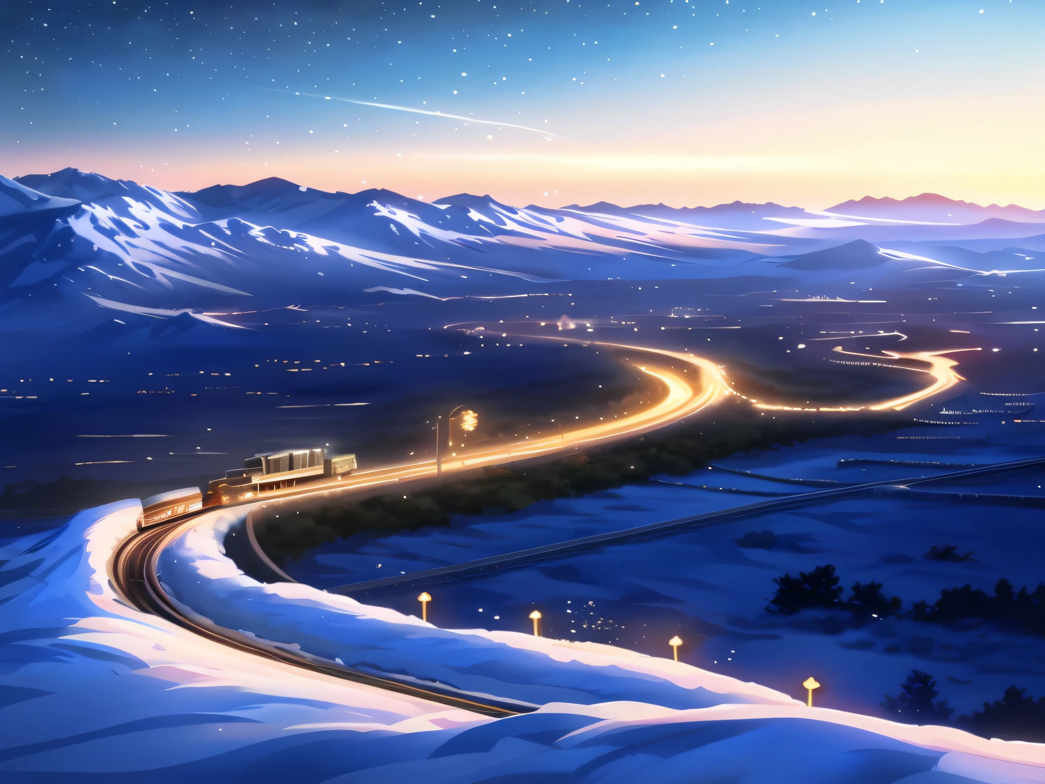 snowy mountain landscape with a train going through it, 4 k hd wallpaper illustration, bussiere rutkowski andreas rocha, 4k highly detailed digital art, beautiful digital artwork, winter concept art, inspired by Andreas Rocha, snowy. by makoto shinkai, 4 k hd illustrative wallpaper, highly realistic concept art, andreas rocha style, illustration matte painting