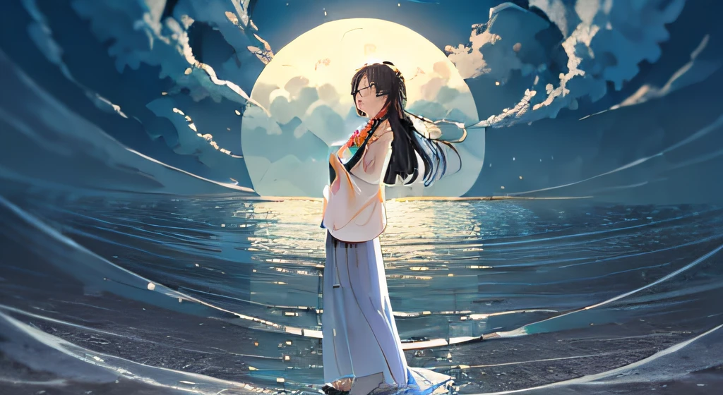 High quality, high precision, extreme detail, 8k, Panoramic view, there is a huge round moon in the sky, a maiden, full body, hanfu, mingstyle, long black hair, beautiful face, blush, in line with human female eyes, tears in the corners of the eyes, white long skirt, holding a ball fan in one hand, pulling the skirt corner with the other, standing sideways in a pool of water, water, waves, looking up at the sky, bright colors, cinematic light effects