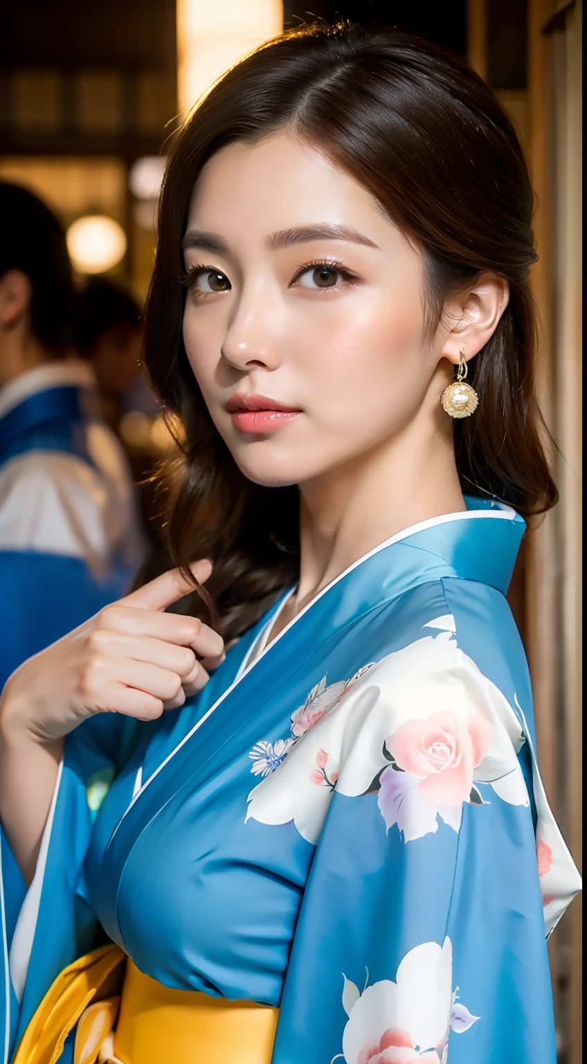 ((top quality, 8k, masterpiece: 1.3)), crisp focus: 1.2, beautiful woman with perfect figure: 1.4, (kimono), highly detailed face and skin texture, detailed eyes, (lips), dark brown hair, festival of Japan