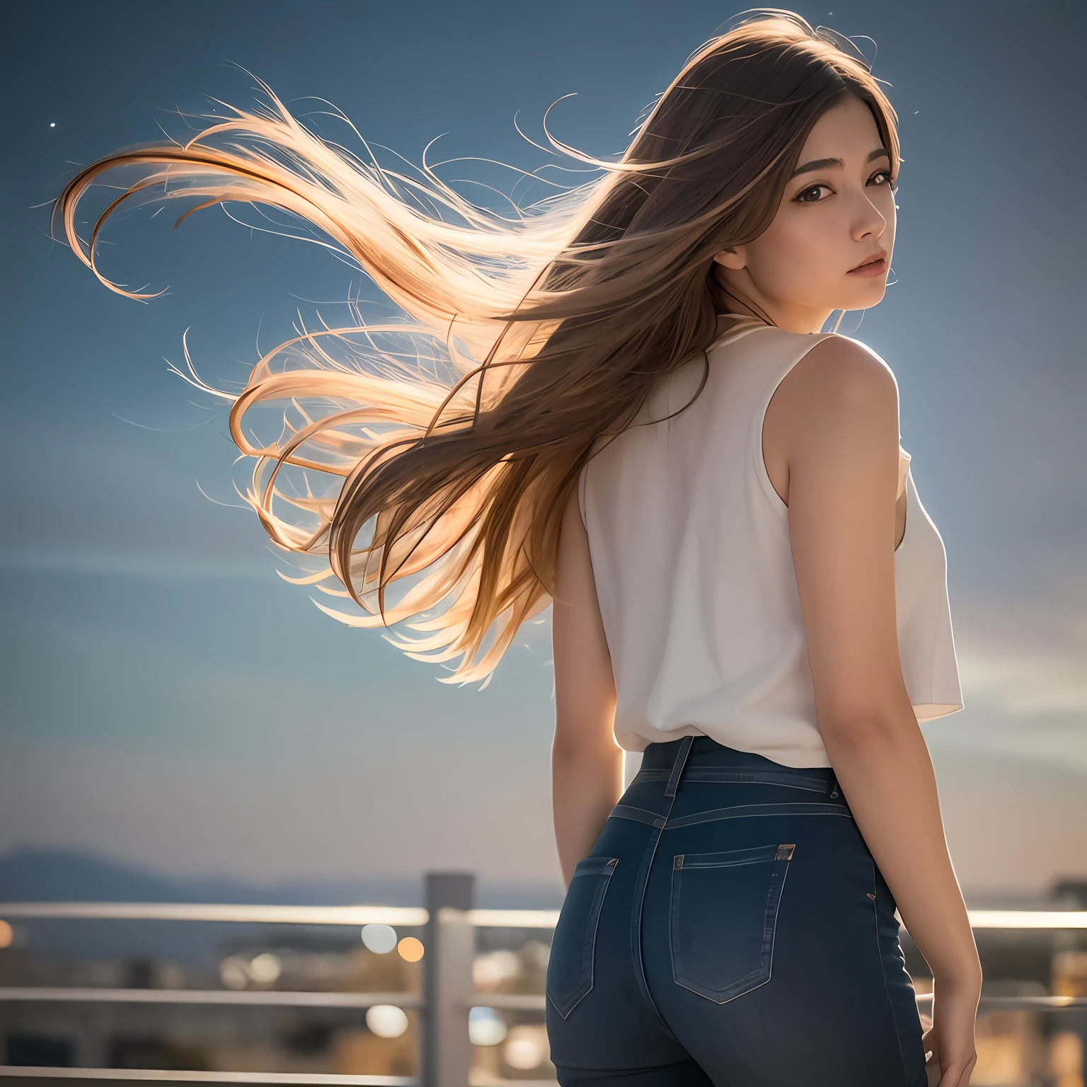 best quality, ultra-detailed, an extremely delicate and beautiful, depth of field, (photorealistic:1.4), 1woman, 23 years old, casual wear, hair blowing in the wind, (night:1.7)
