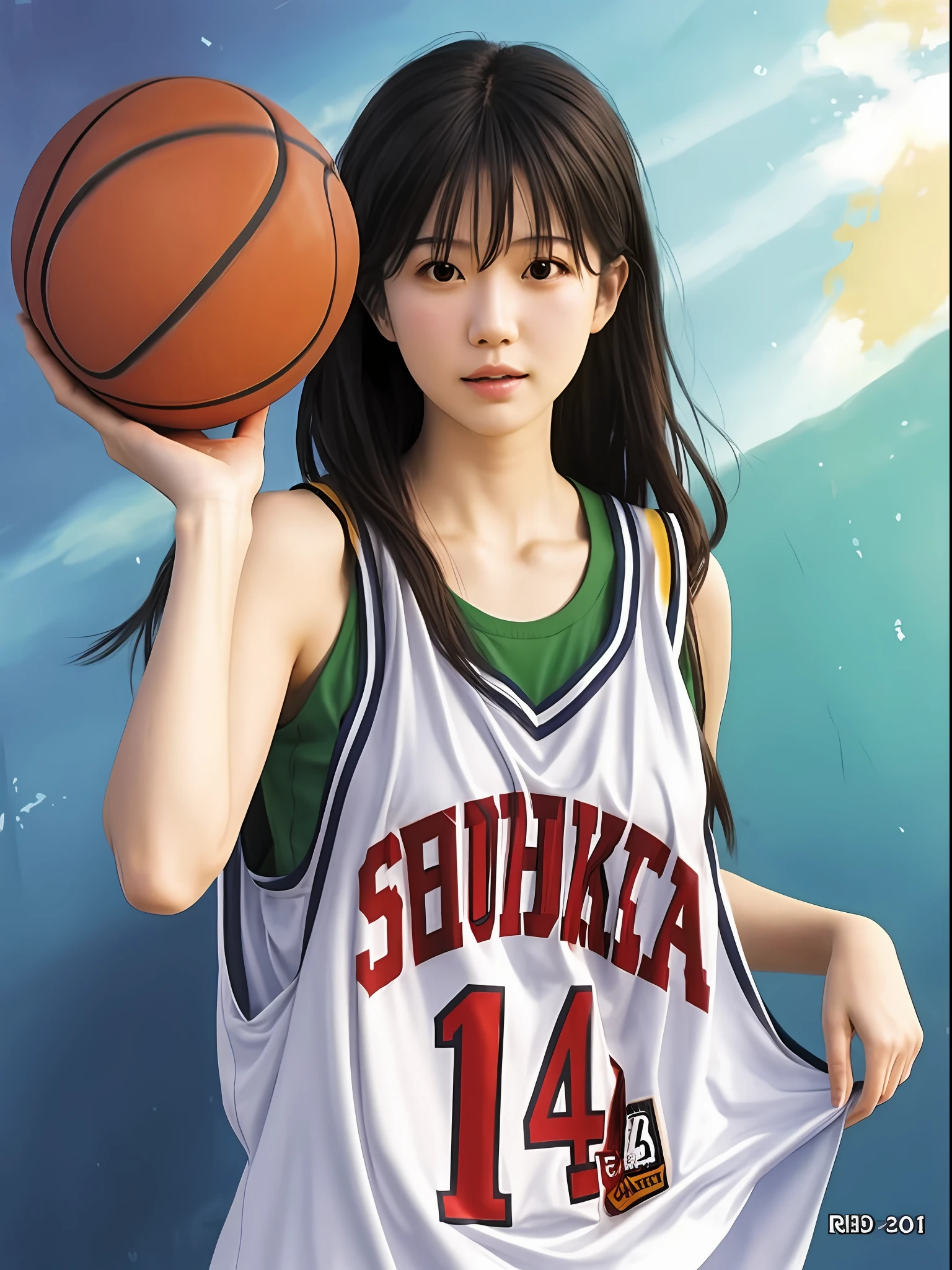 best quality, masterpiece, super high resolution, realistic, original photo, a woman with a basketball in her hand, slam dunk, Haruko Akagi, big breasts, real