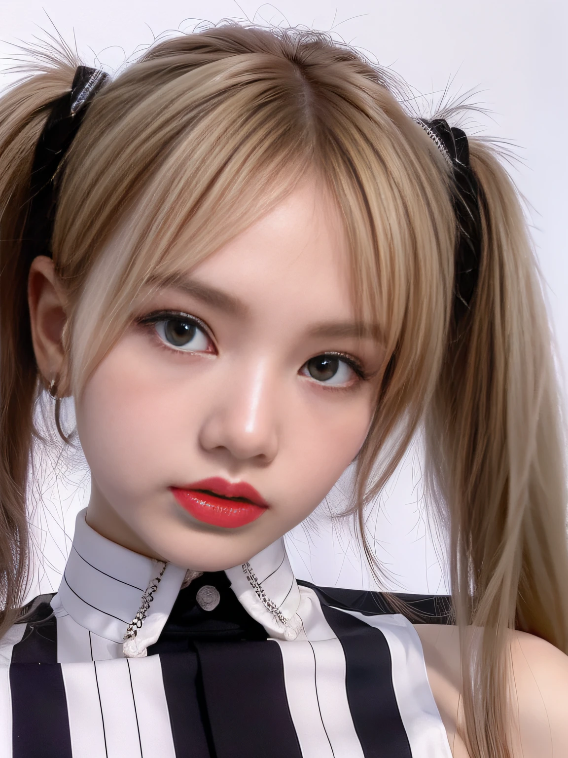 (8K, 4K, Best Quality, Highres, Ultra High Res:1.1), (Masterpiece, Realistic, Photo-Realistic:1.1), 1girl, Face, Close-Up, Twintails, Blonde Hair, Black Eyes, Red Lips, (Looking in Audience: 2), Wearing a trendy football uniform, bare waist, football shorts, ridiculously long hair, long eyelashes, eye shadow, small face, big eyes, bare shoulders, high contrast,