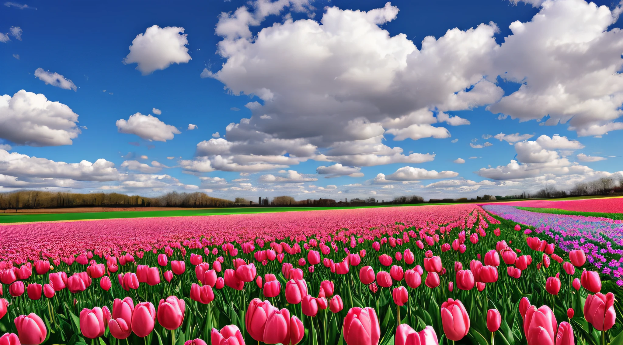 spring, tulip field, beautiful sky, far view wide angle