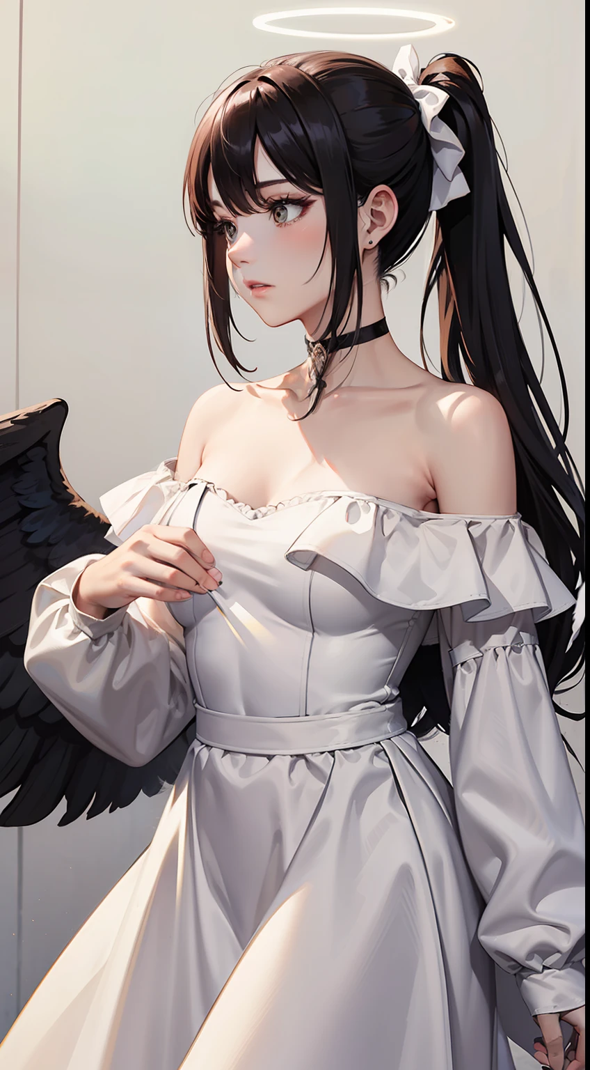 cowboy shot, (black wings:1.2), very long hair, side ponytail, choker, holding, off shoulder, (white dress:1.3), white jacket,halo,
