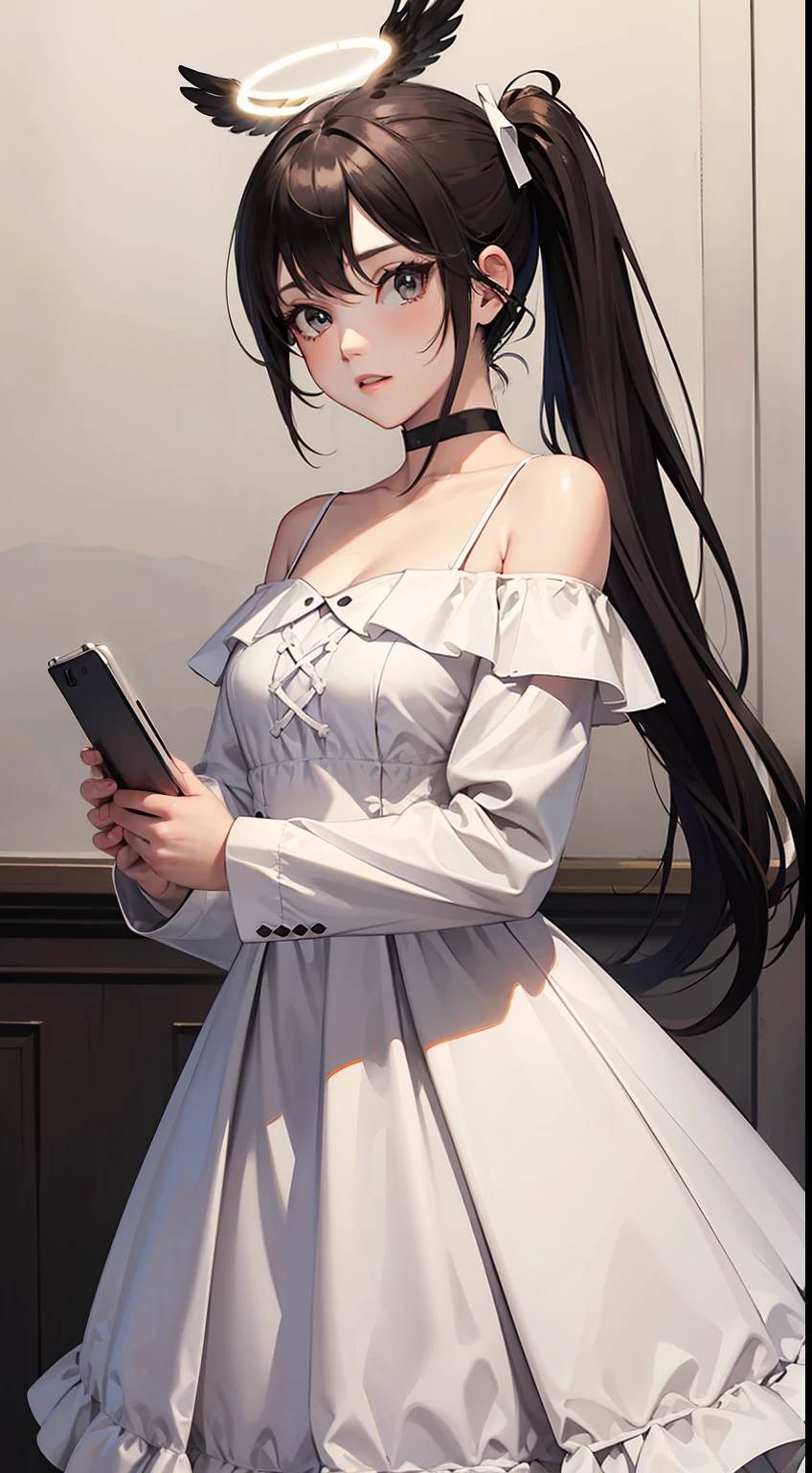 cowboy shot, (black wings:1.2), very long hair, side ponytail, choker, holding, off shoulder, (white dress:1.3), white jacket,halo,