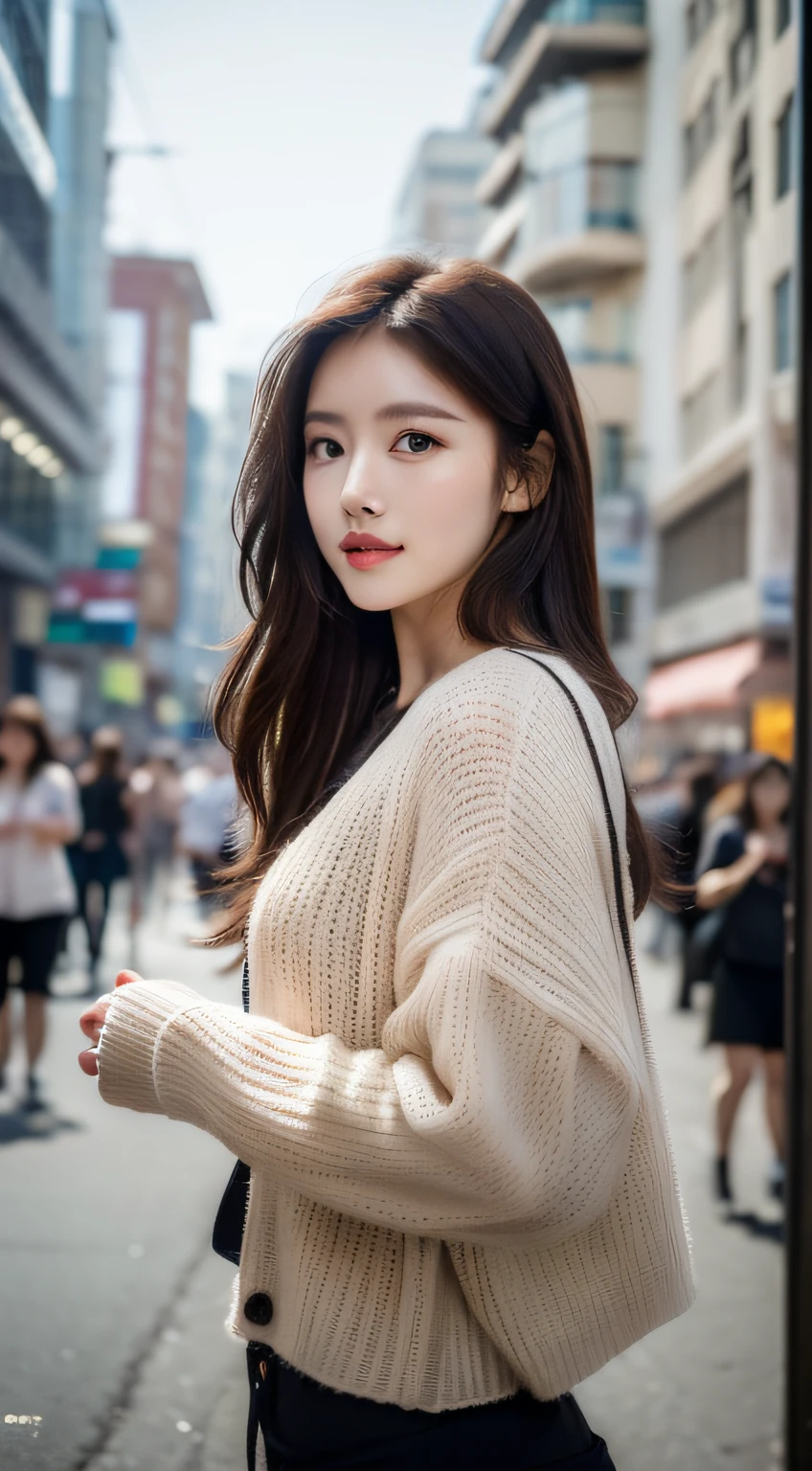 Woman posing on street corner, top quality, high resolution, 8k, girl alone, outdoor, (street: 0.8), (people, crowd: 1), gorgeous, (medium hair), (dynamic pose: 0.8), (upper body: 1.2), soft lighting, wind, glossy skin, gaze,