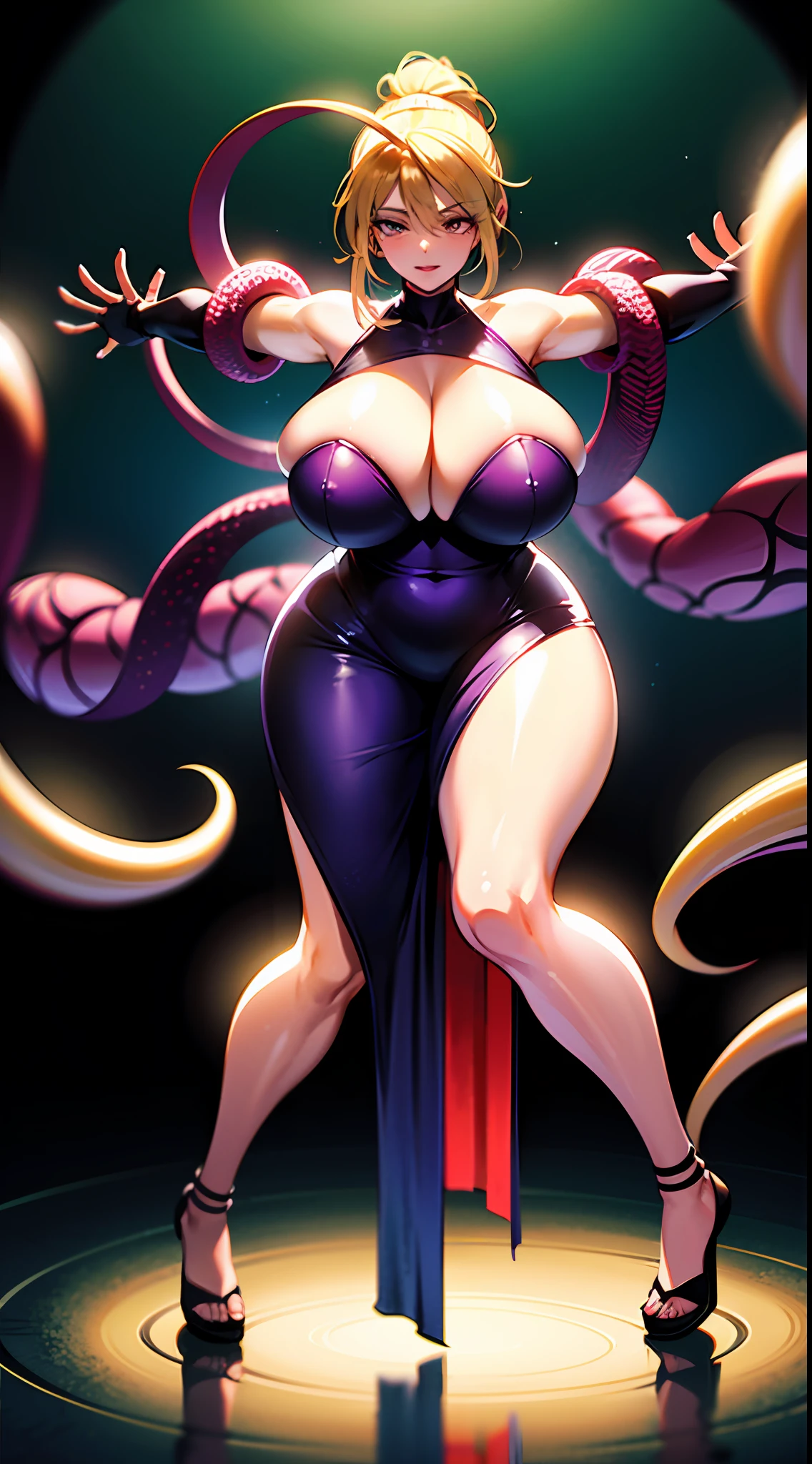 (best illumination, striking contrast), full body shot of a beautiful golden ponytail milf, wearing purple dress see through body curvy, fighting tentacles, (huge breasts, gorgeous figure), studio photograph with (elegant back light), hyper realistic lifelike texture, cinematic lighting, reflection light, chromatic aberration, ((anatomically correct))