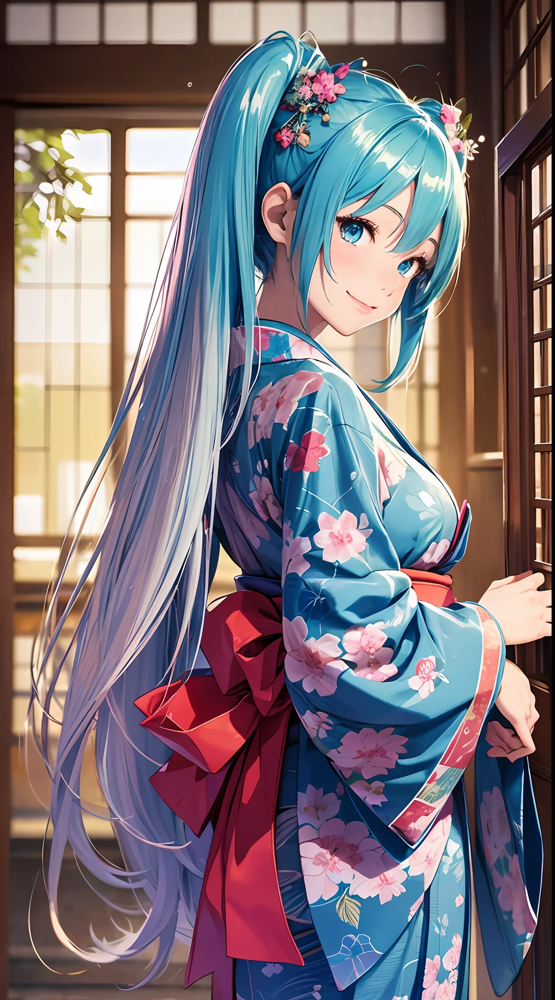 1 person, solo, (full body), photorealistic, super fine illustration, beautiful charming anime girl, super detailed, smile, beautiful blue eyes, beautiful proportions, Hatsune Miku, slender, gentle expression, seductive anime girl, Japan castle town, kimono, furisode, (back figure),