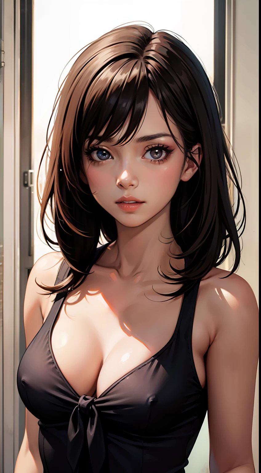 realistic, photorealistic,Warm lighting, NOISE OFFSET,1girl,upper body, facing  straight, (looking at viewer), medium breasts, collarbone,cleavage,black (front-tie top),eyeshadow,parted lips,  (1_pureerosface_v1:0.3),slim waist,